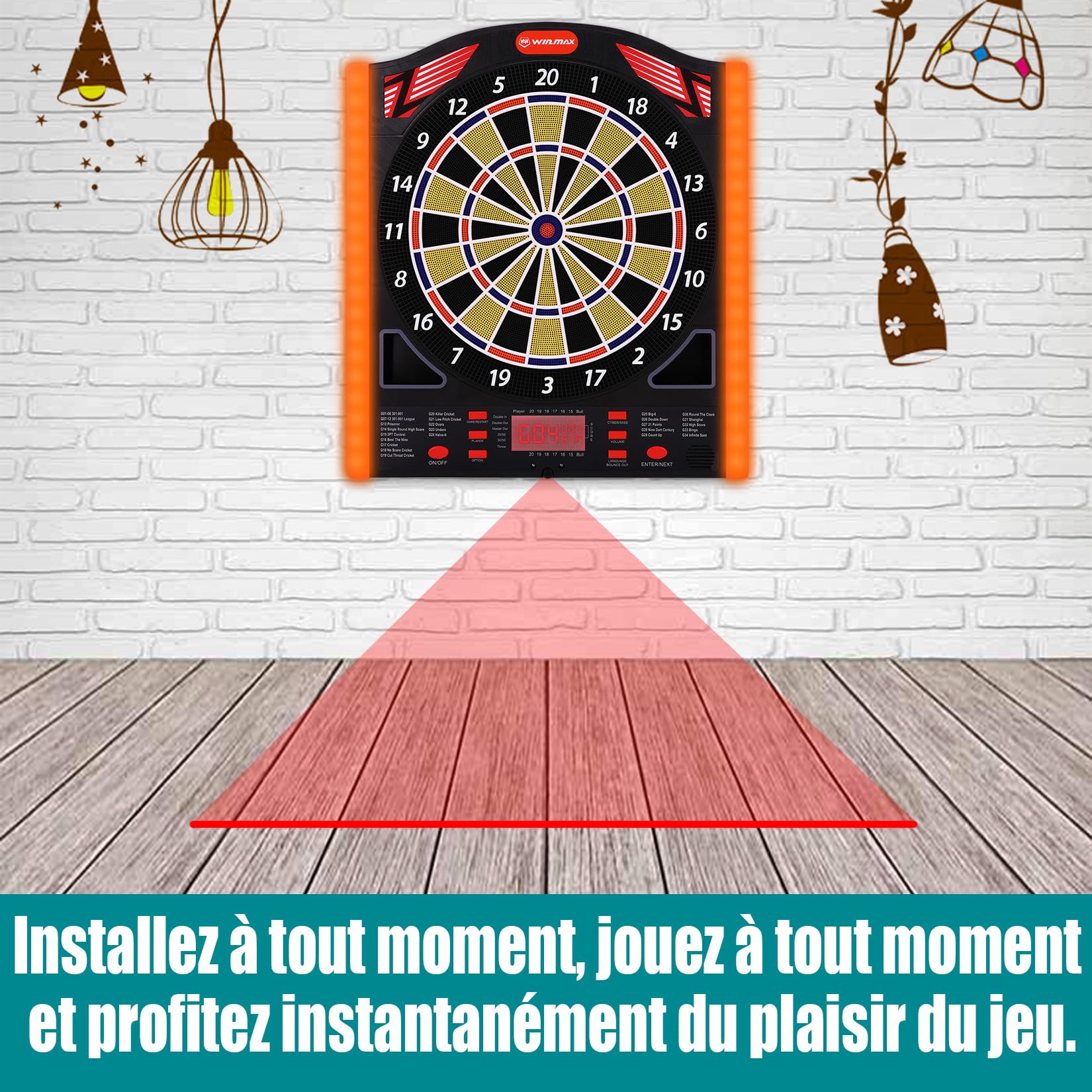 WIN.MAX Jeu de fléchette électronique Cible flechette Profi Set 34 Jeux 12 fléchettes 1-8 Joueurs