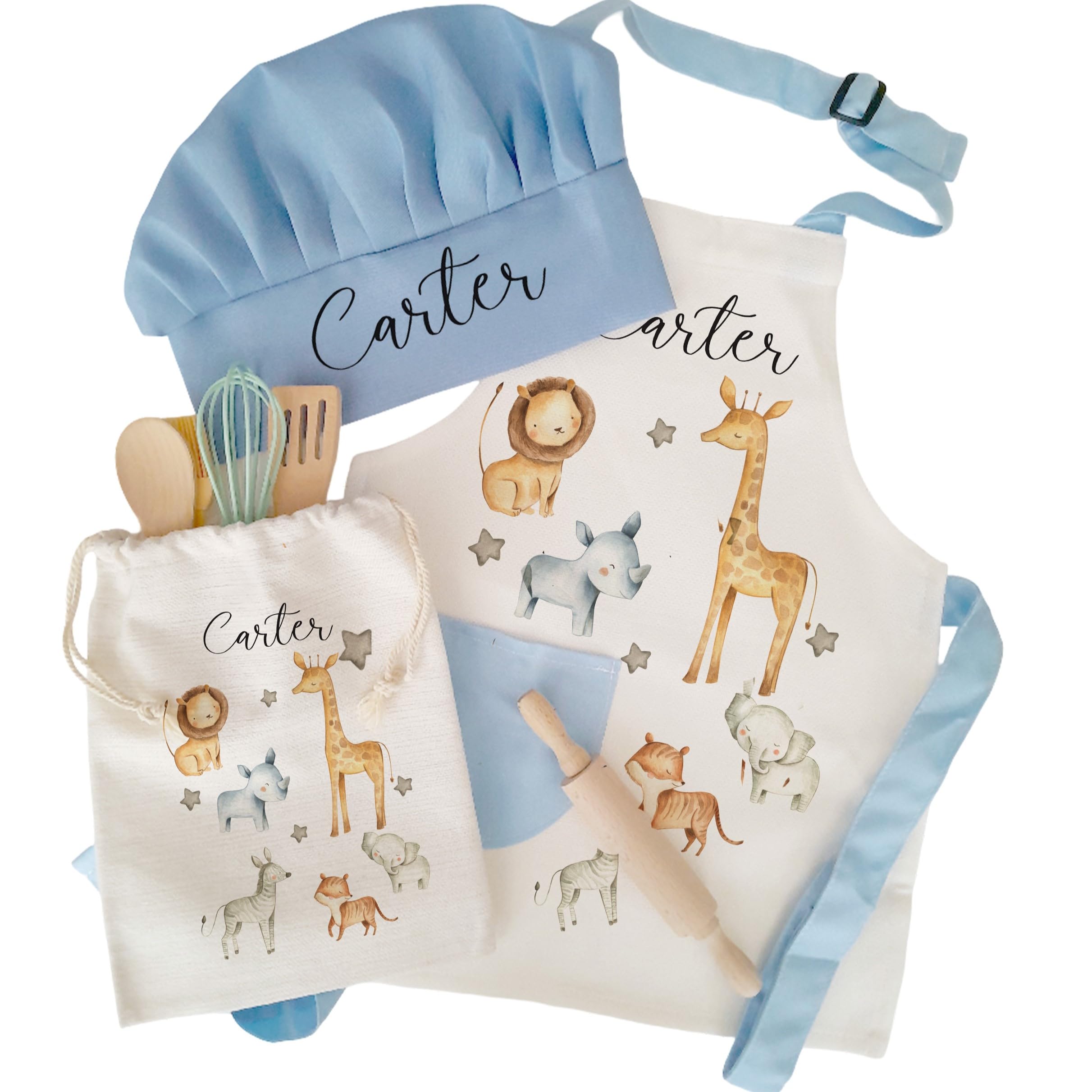Personalised Bespoke Custom Name Kids Blue Safari Lion Giraffe Elephant Zebra Linen Apron Chef's Hat Baking Set Design Print Pinafore Special Christmas Easter Keepsake Children Gift Item Idea