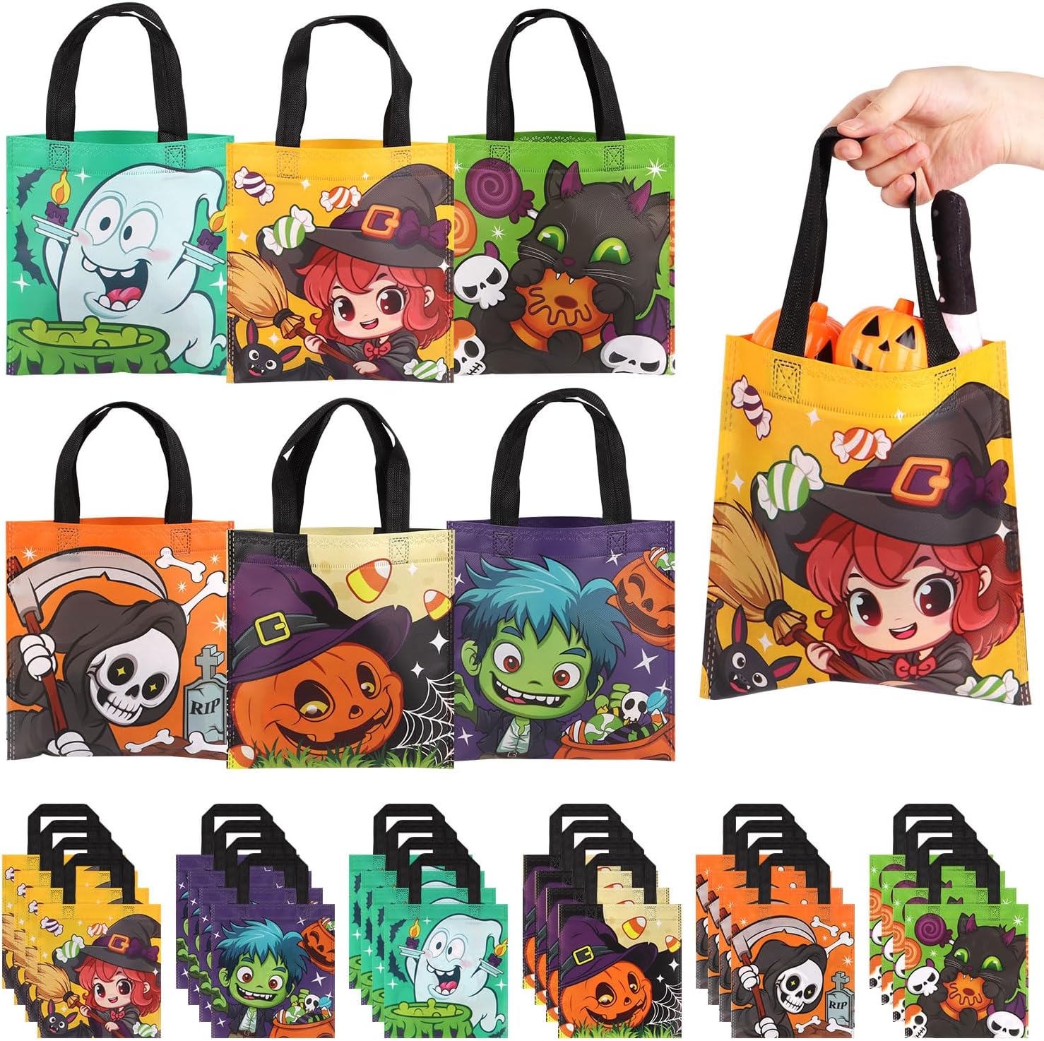 CCINEE 24pcs Halloween Non-Woven Treat Bags, Large Totes Bags Bulk Trick Or Treat Goodies Gifts Bag with Handles for Halloween Party