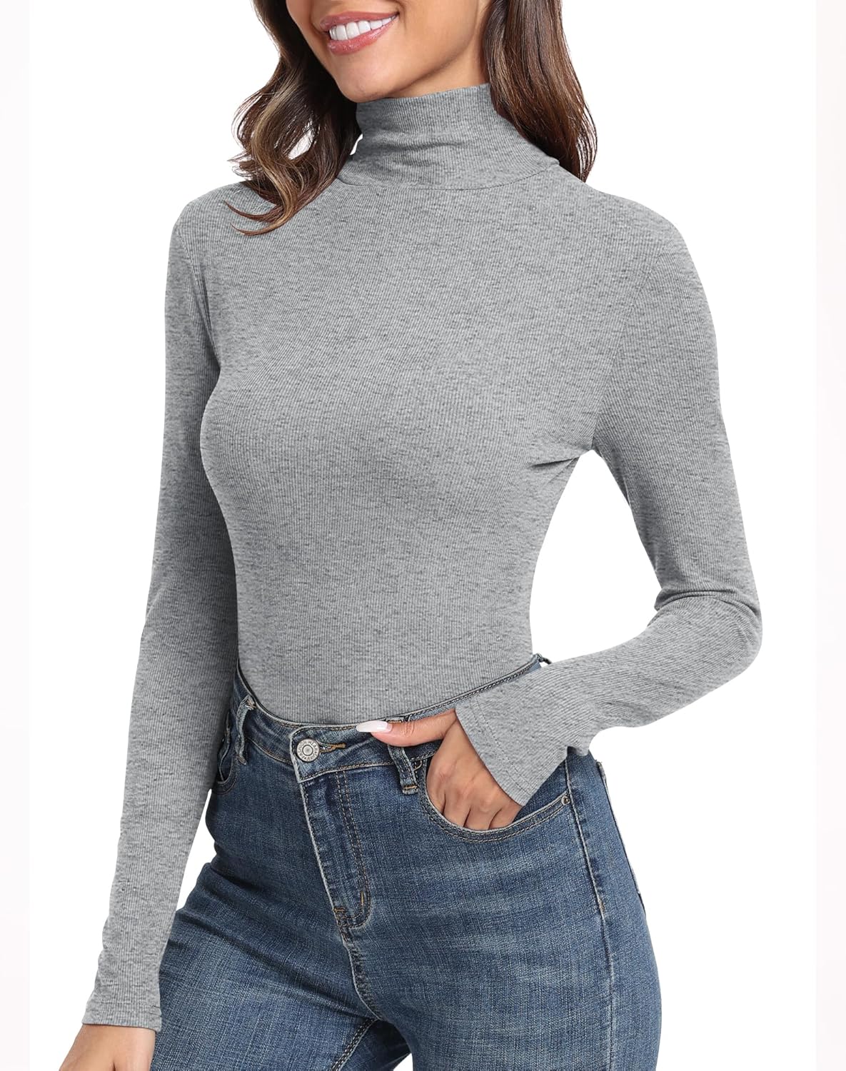 GEMBERA Womens Long Sleeve Turtle Neck Basic Slim Fitted Ribbed Knit Tops Thermal Shirts - Image 2
