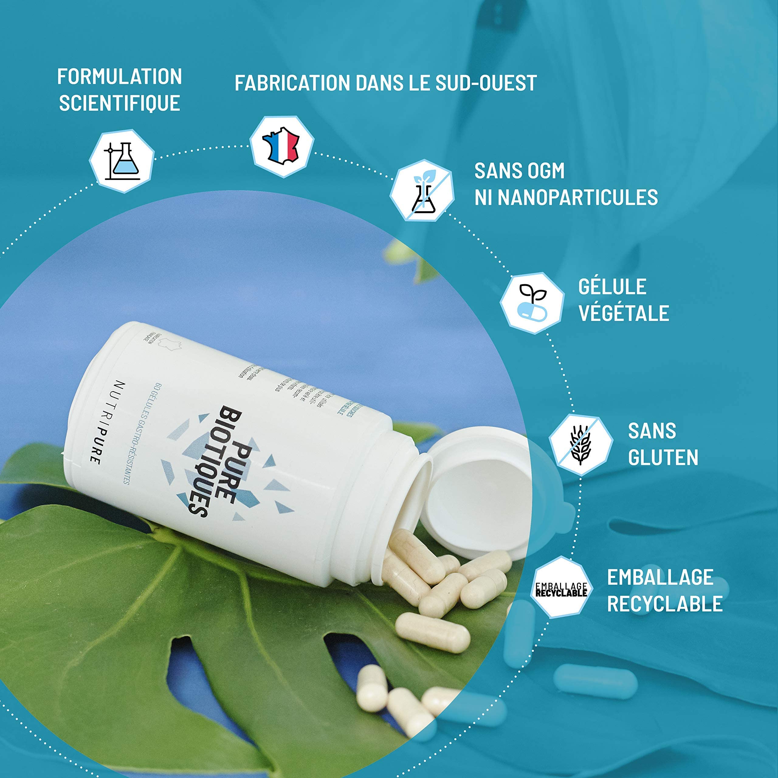 Nutripure | Pure Bio² | Ferments Lactiques 10 Mds d’UFC | Lactobacillus & Bifidobactéries vivants | 6 Souches Biodisponibles | 60 Gélules Gastro-Résistantes | Fabriqué in France