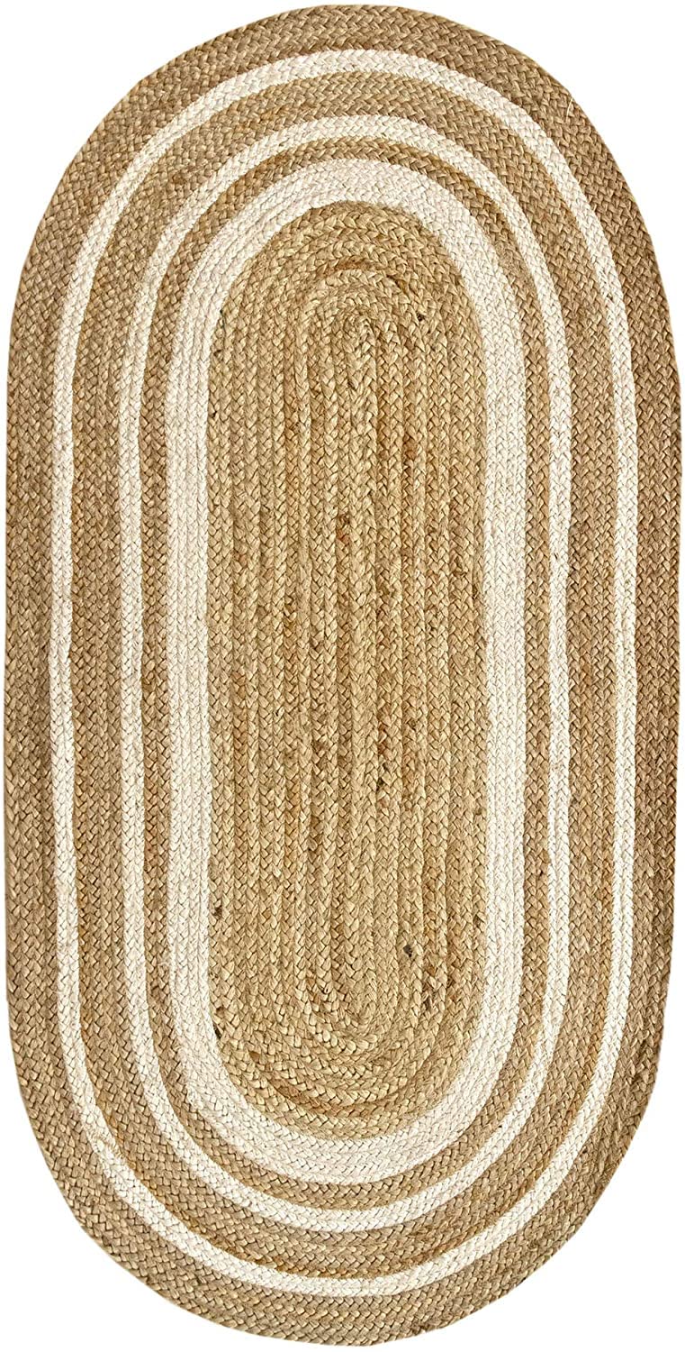 Tapis Ovale Traditionnel en Jute Beige avec Lignes Blanches pour Salon, Cuisine, Couloir, Salle à Manger (80 x 150 cm)