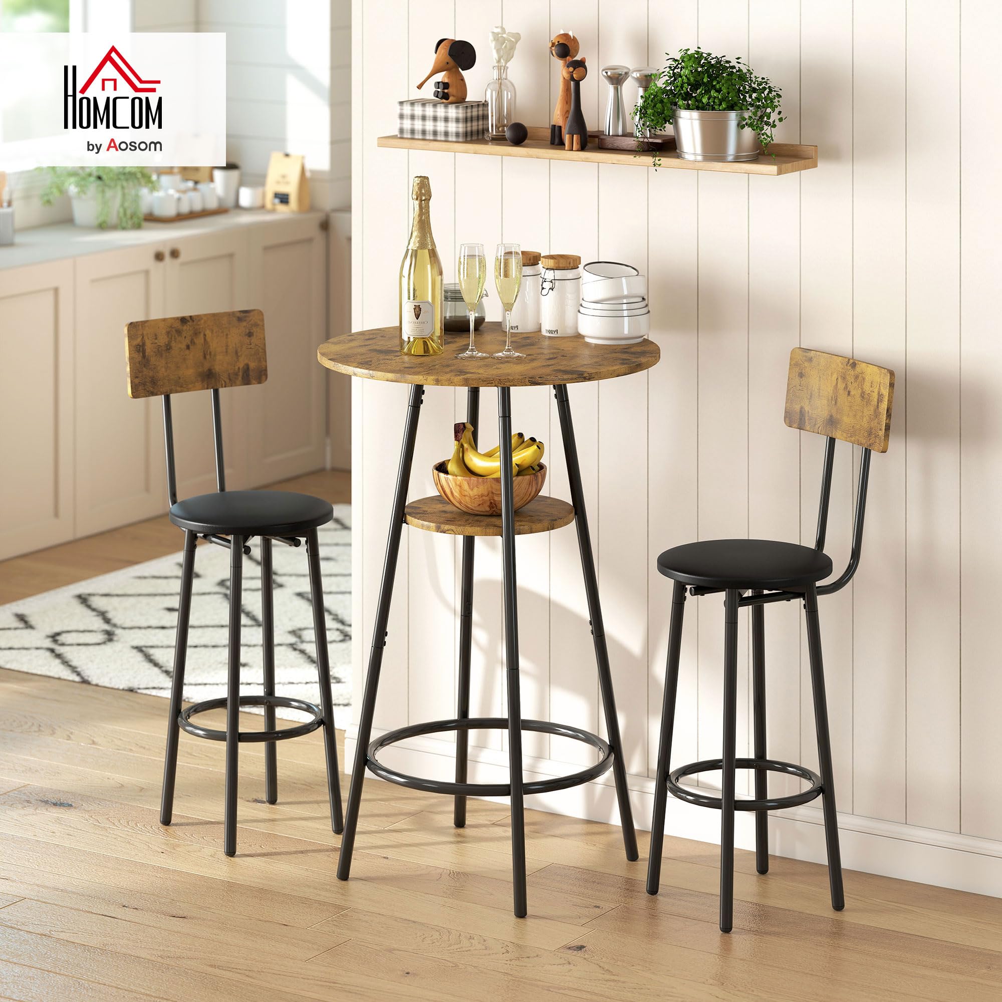 HOMCOM Bartisch mit Barhocker-Set Esstisch mit 2 Gepolsterten Stühlen mit Fußstütze, Metallrahmen, Industrial Bartisch Set Küchetisch mit Ablage für Esszimmer, Kleine Raum, Rustikal-Braun