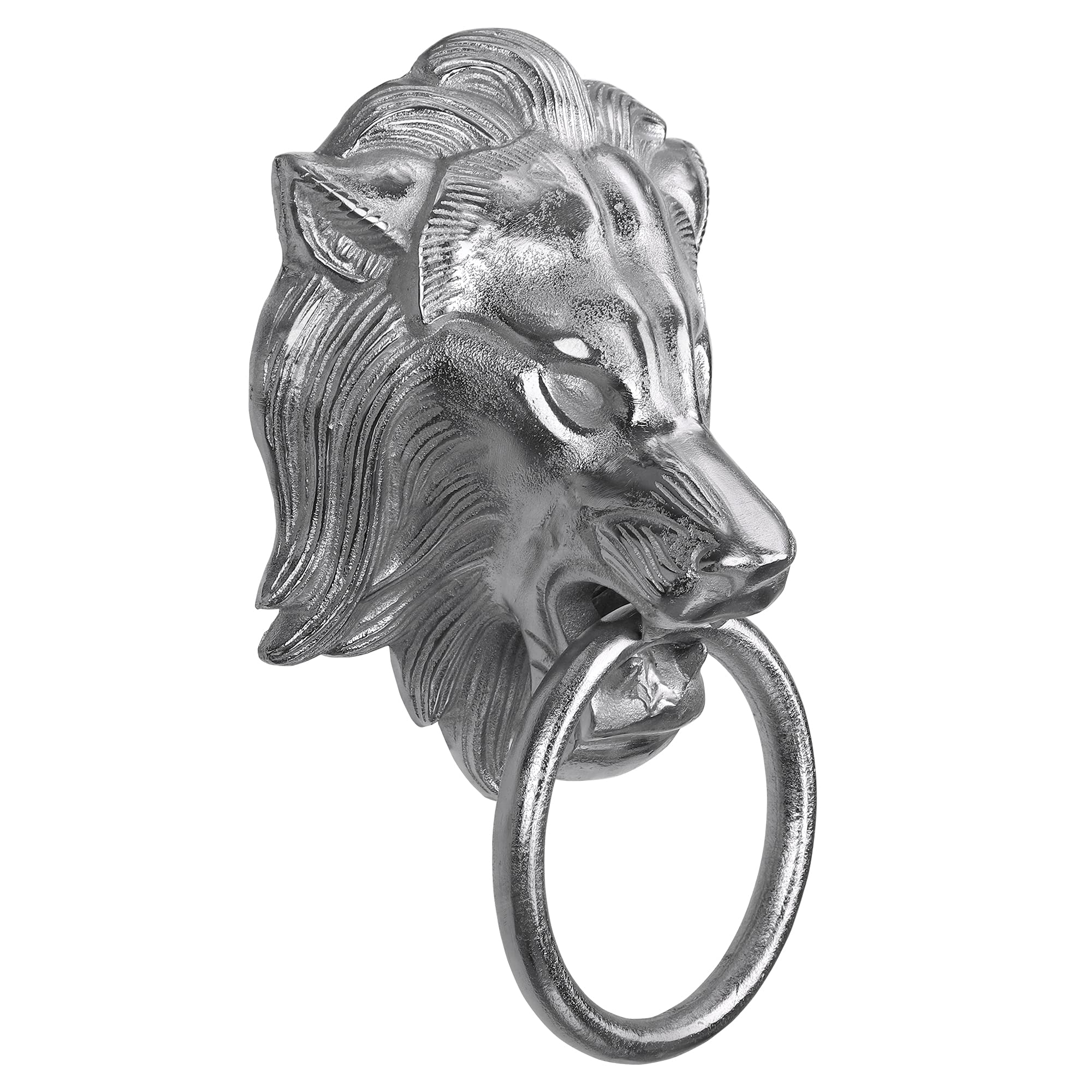 Handtuchhalter Löwenkopf mit Ring, aus Aluminium vernickelt, Unikat, Silber, (BxH): 10x31 cm, Designer Löwenkopf, Handtuchring Türklopfer Löwe Lion Wandfigur WC Bad Dekoration Accessoire