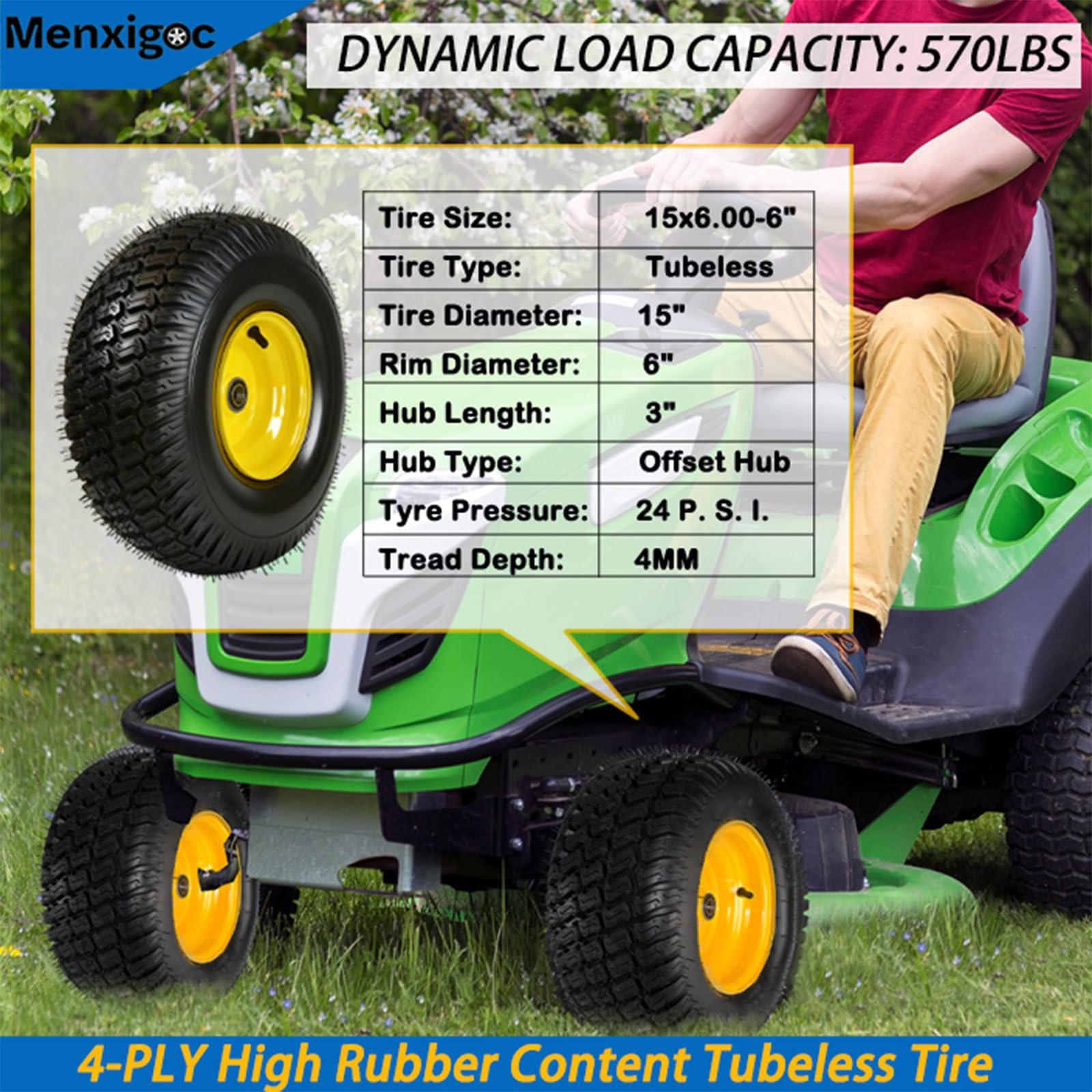 Neumáticos para cortacésped de 15 x 6.00-6, neumático sin cámara de 15 x 6-6 pulgadas y rueda de 4 capas con rodamiento de 3/4 pulgadas, cubo de desplazamiento de 3 pulgadas, capacidad de 550 libras,