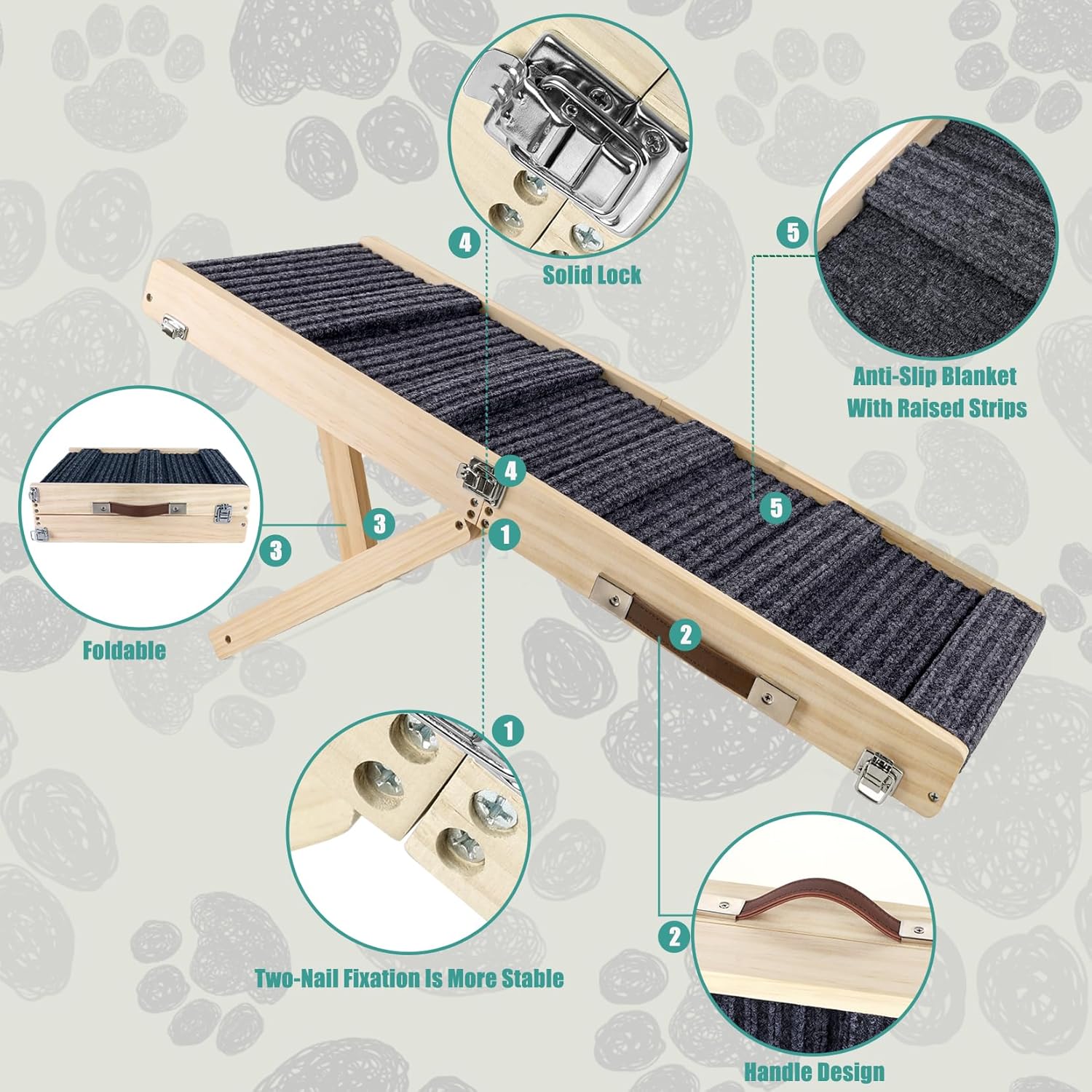Wooden Folding Portable Pet Ramp. 4 Levels Adjustable 9 to 17.3 with Non-Slip 5 Paw Traction Mat for Small Medium Doggie. Dog Ramps-GY