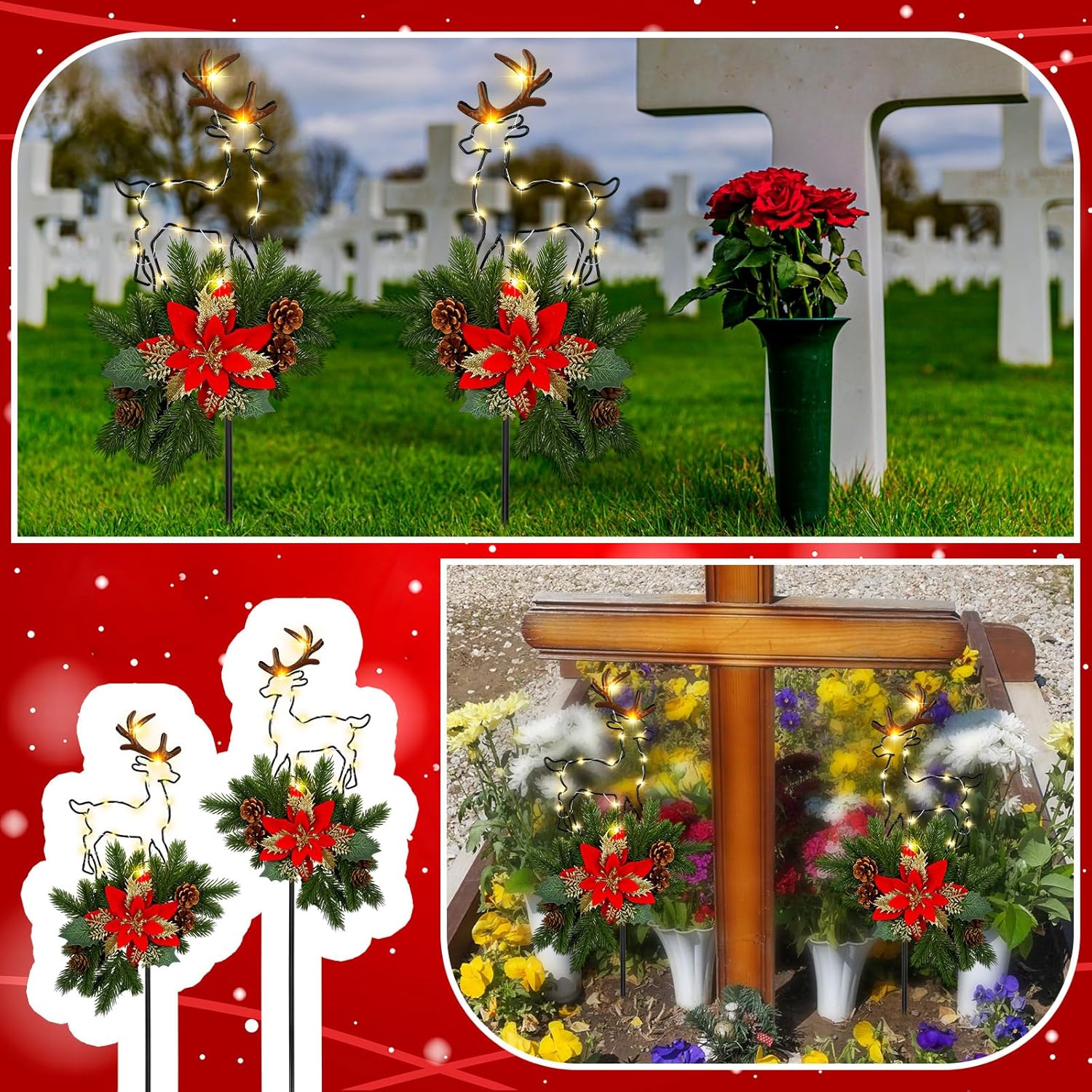 Ganeen 2 Pcs Solar Stake Christmas Outdoor Decorations Garden Stake Decor LED Cemetery Grave Decoration Christmas Reindeer Stakes for Garden Lawn Yard (Reindeer)
