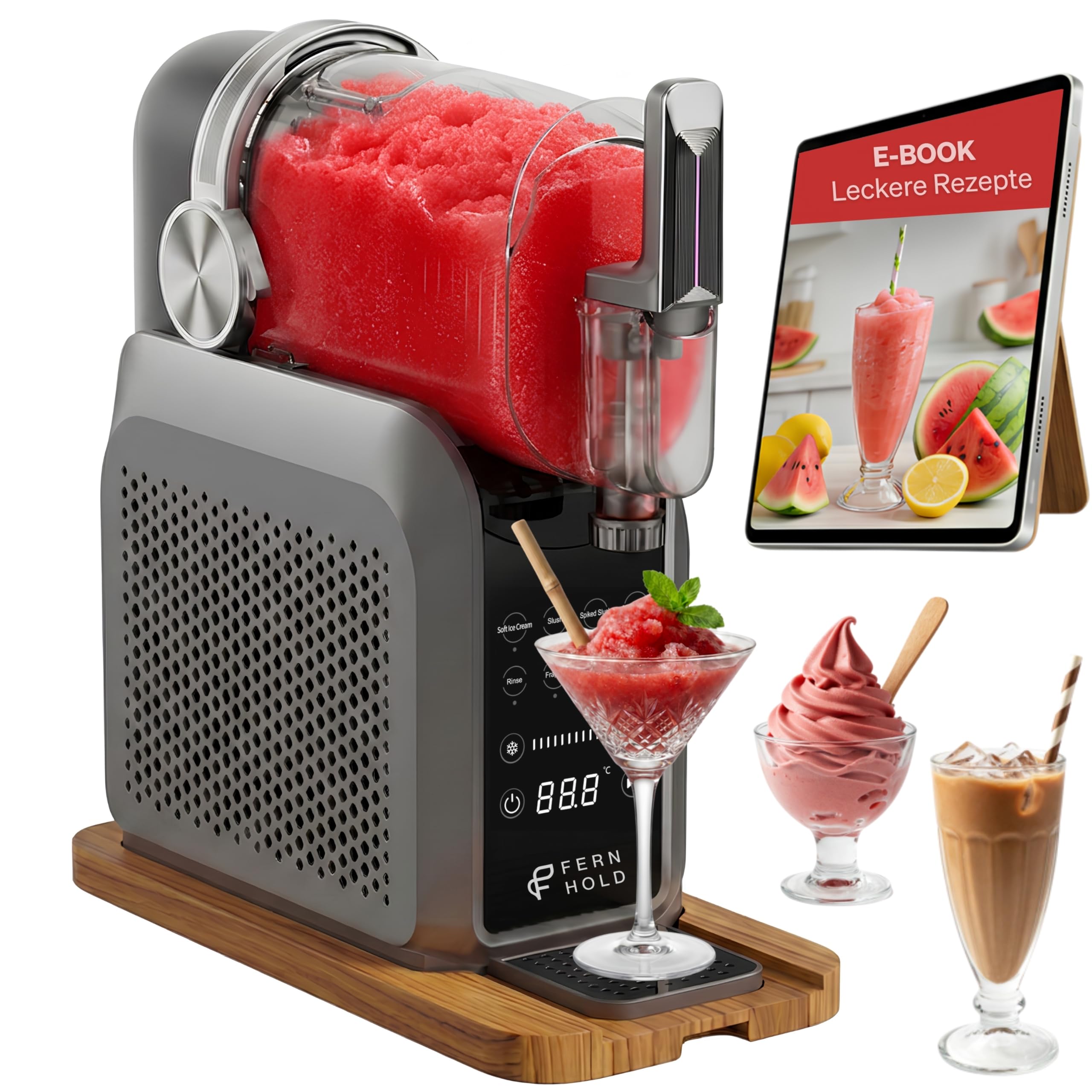 Slush Maschine 2L mit 7 Programmen, Holz-Gleitbrett, LED-Display - kein Eis nötig