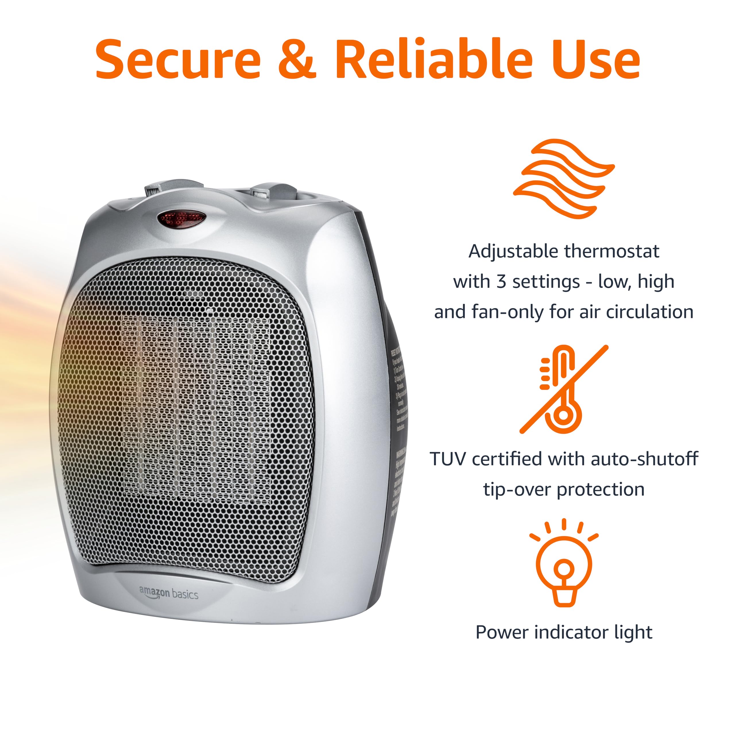 Amazon Basics Grzejnik ceramiczny 1800W z regulowanym termostatem, srebrny