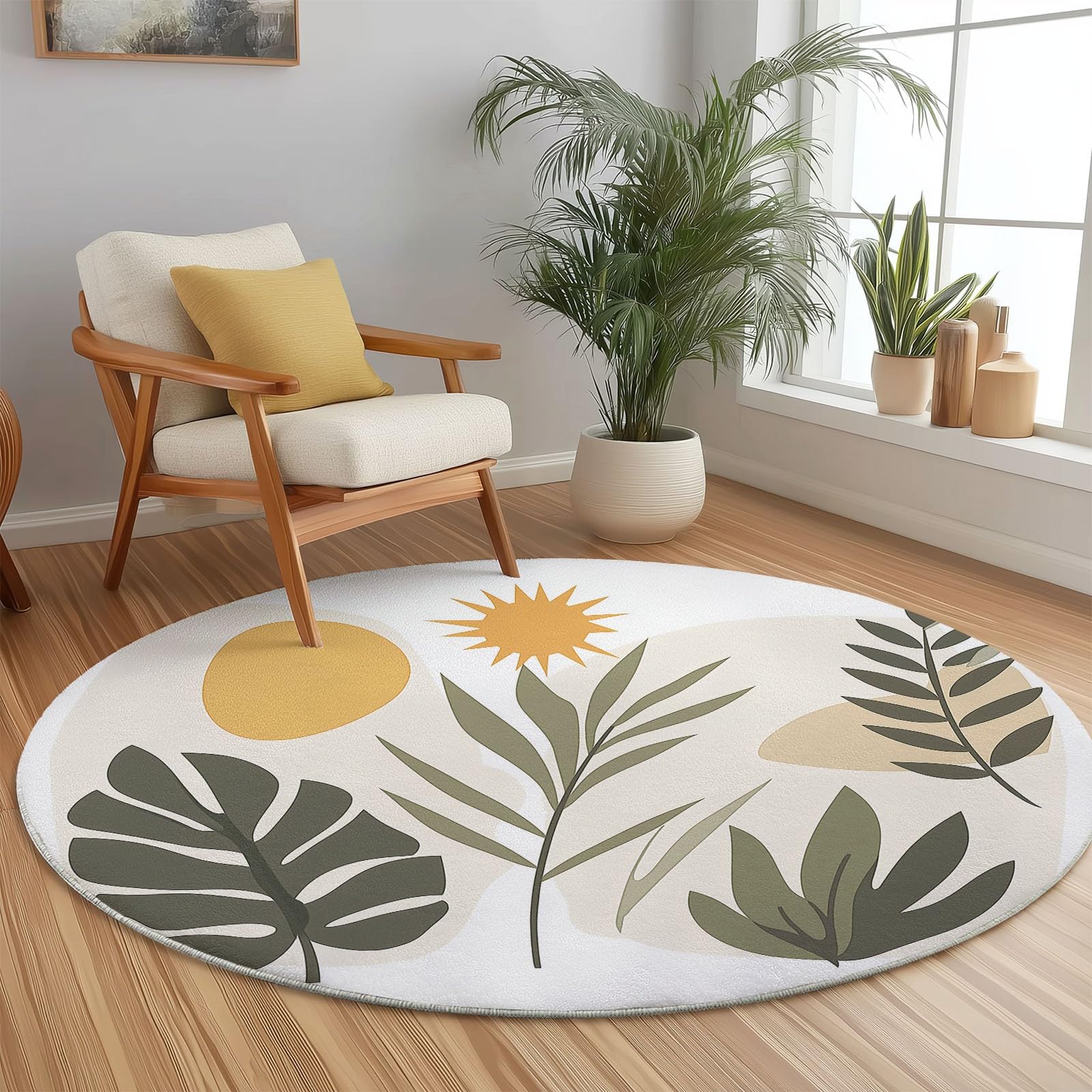Genérico Alfombra Redonda 150 cm Alfombra Infantil Lavable Antideslizante para la habitación del bebé Plantas Bohemias Sencillas para Sala de Juegos, Verde