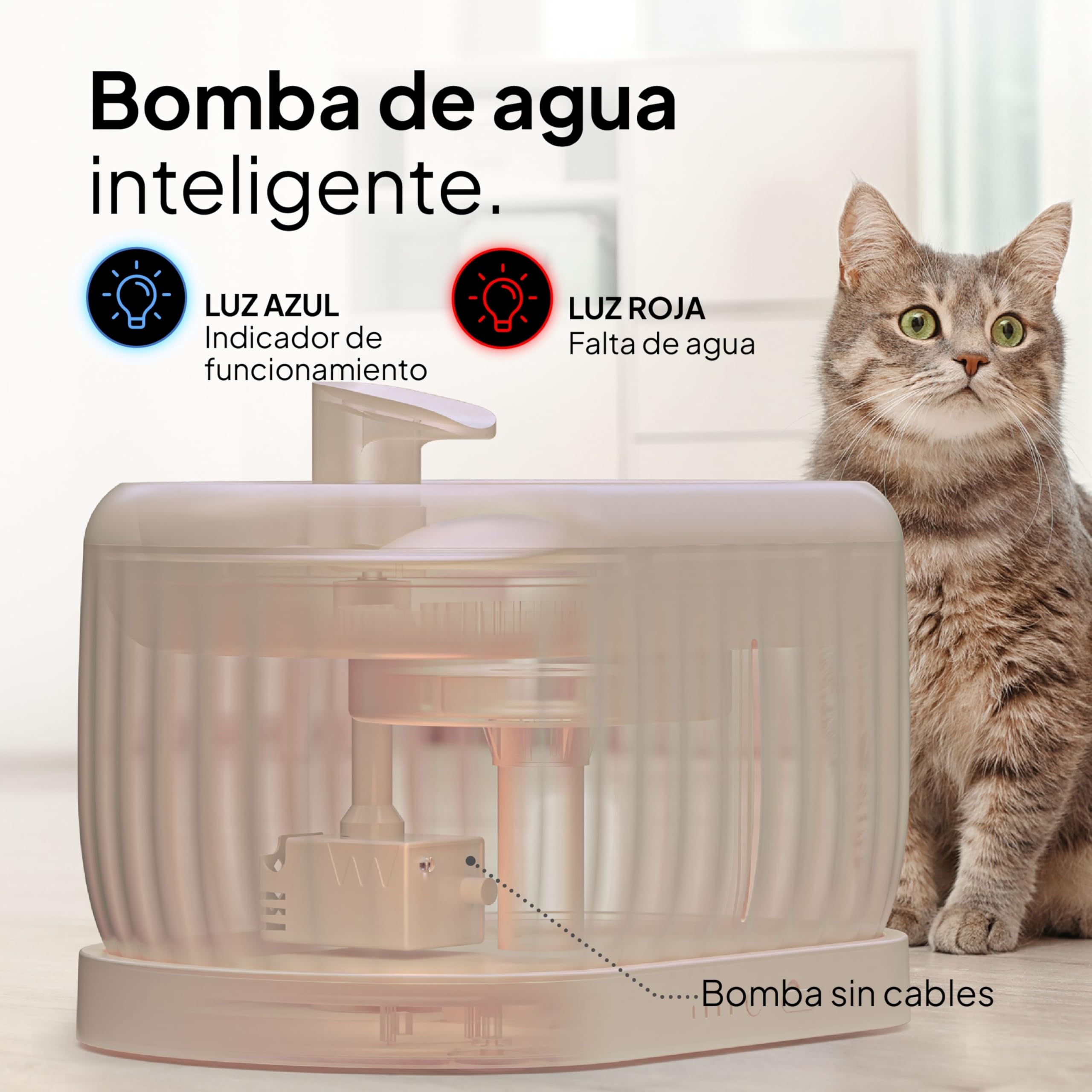 Pretty Paw Fuente de Agua para Gatos Inalámbrica 3L con Sensor de Movimiento - Batería Recargable USB, Bomba Silenciosa, Filtro Integrado - Pure Flow MAX (Beige)