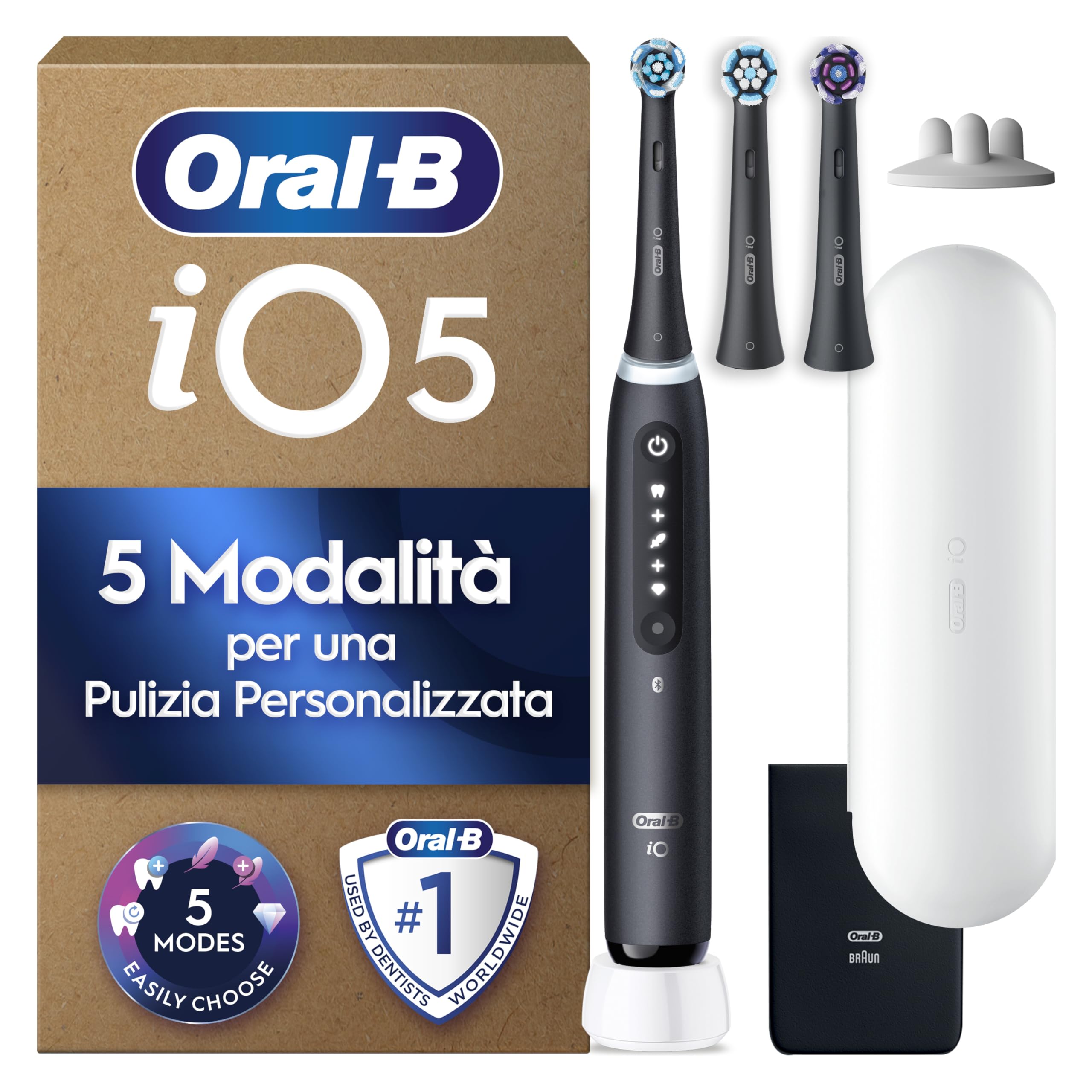 Oral-B iO 5 Spazzolino Elettrico, con 3 Testina di Ricambio, Custodia, Nero - 3 Testine di Ricambio per Spazzolino Elettrico, Ricaricabile, Custodia da Viaggio, Sensore di Pressione, Pulizia Denti