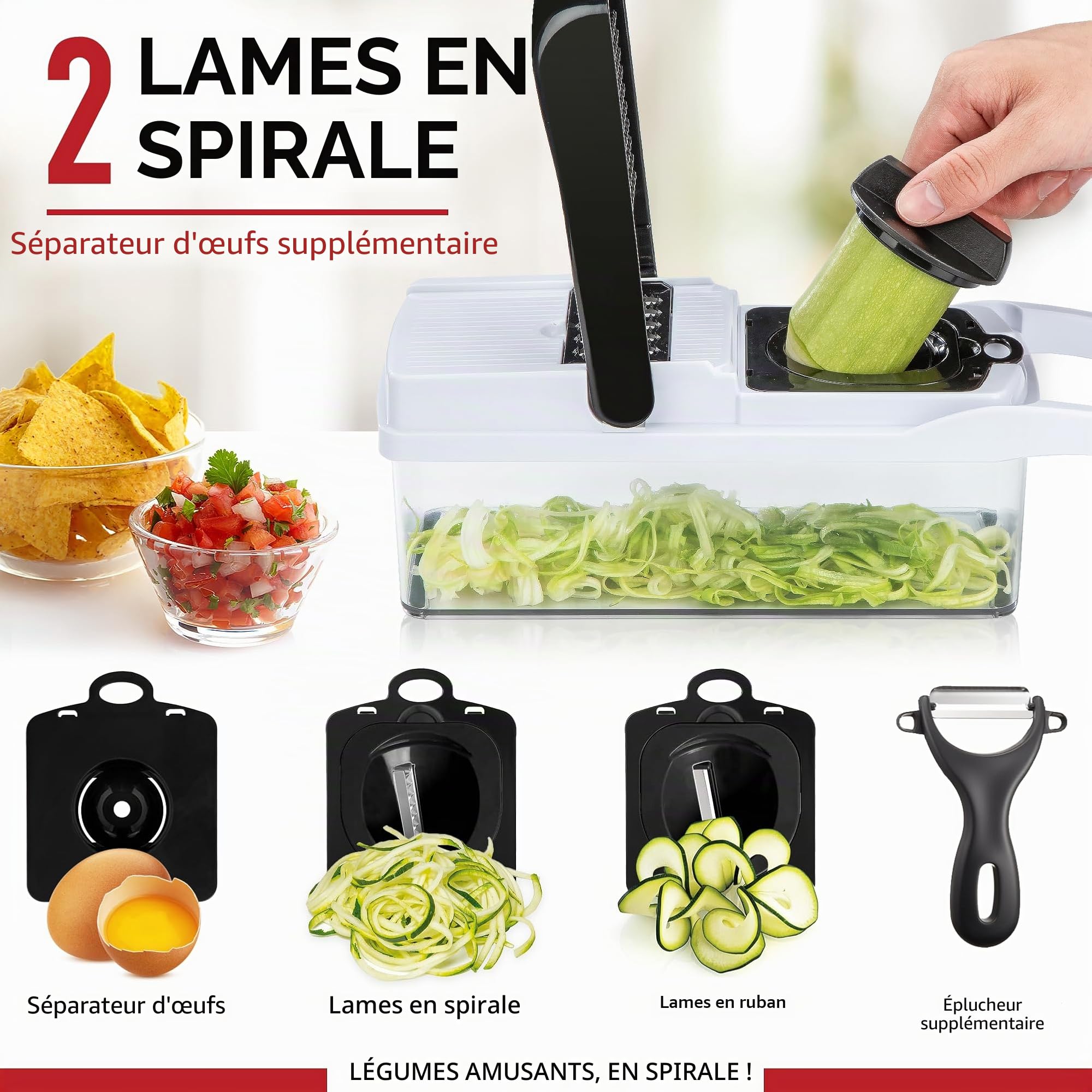 Hachoir à légumes et mandoline 25 en 1 - Hachoir alimentaire avec récipient et coupe-légumes - Coupe-légumes, coupe-légumes et trancheuse pour salade, oignon, pomme de terre et tomate - Gadget de