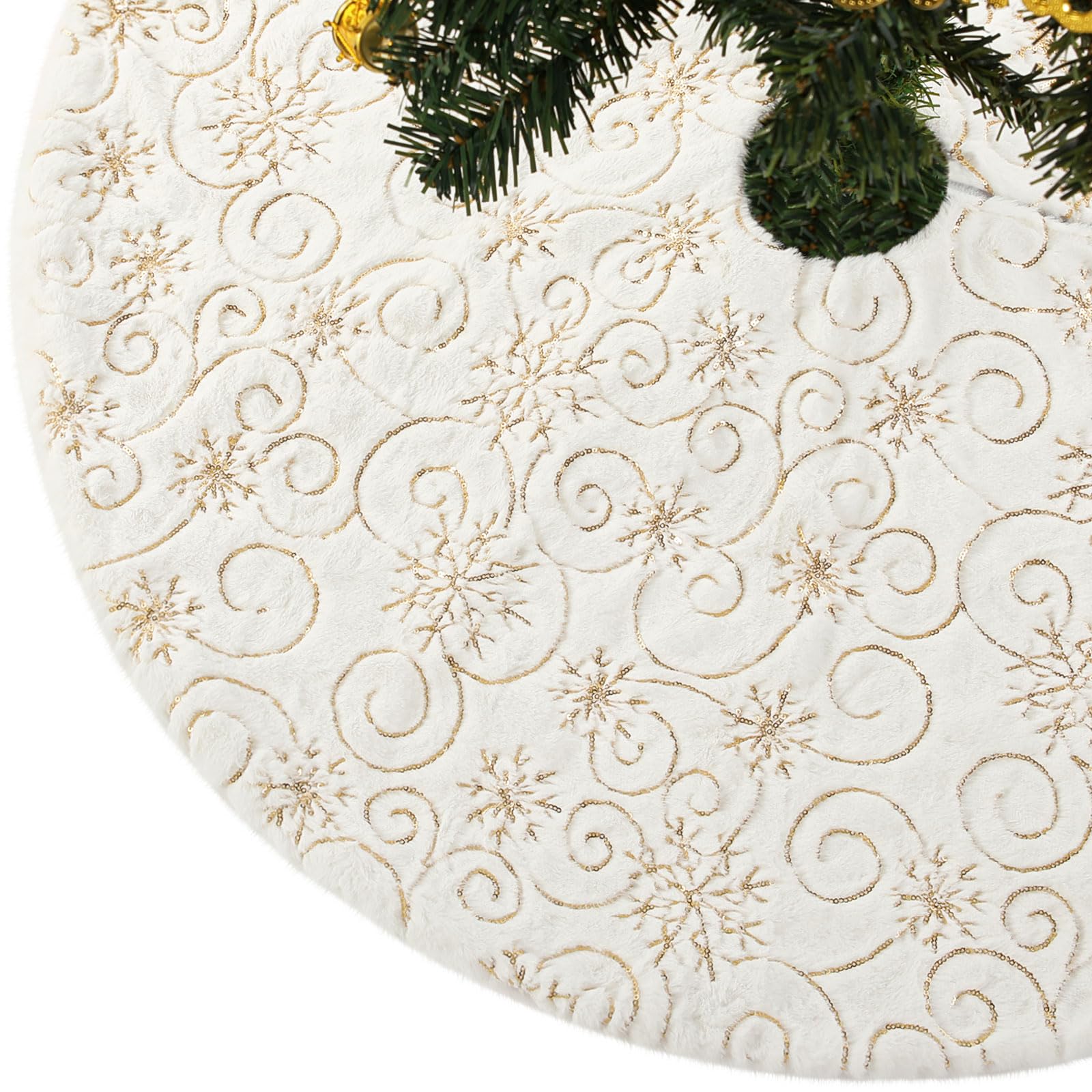 CITÉTOILE Weihnachtsbaum Rock Christbaumdecke Kunstfell Glitter Schneeflocke Rund Weihnachtsbaumdecke Fell Christbaumständer Teppich für Weihnachtsfeiertag Deko, Weißes Gold, S