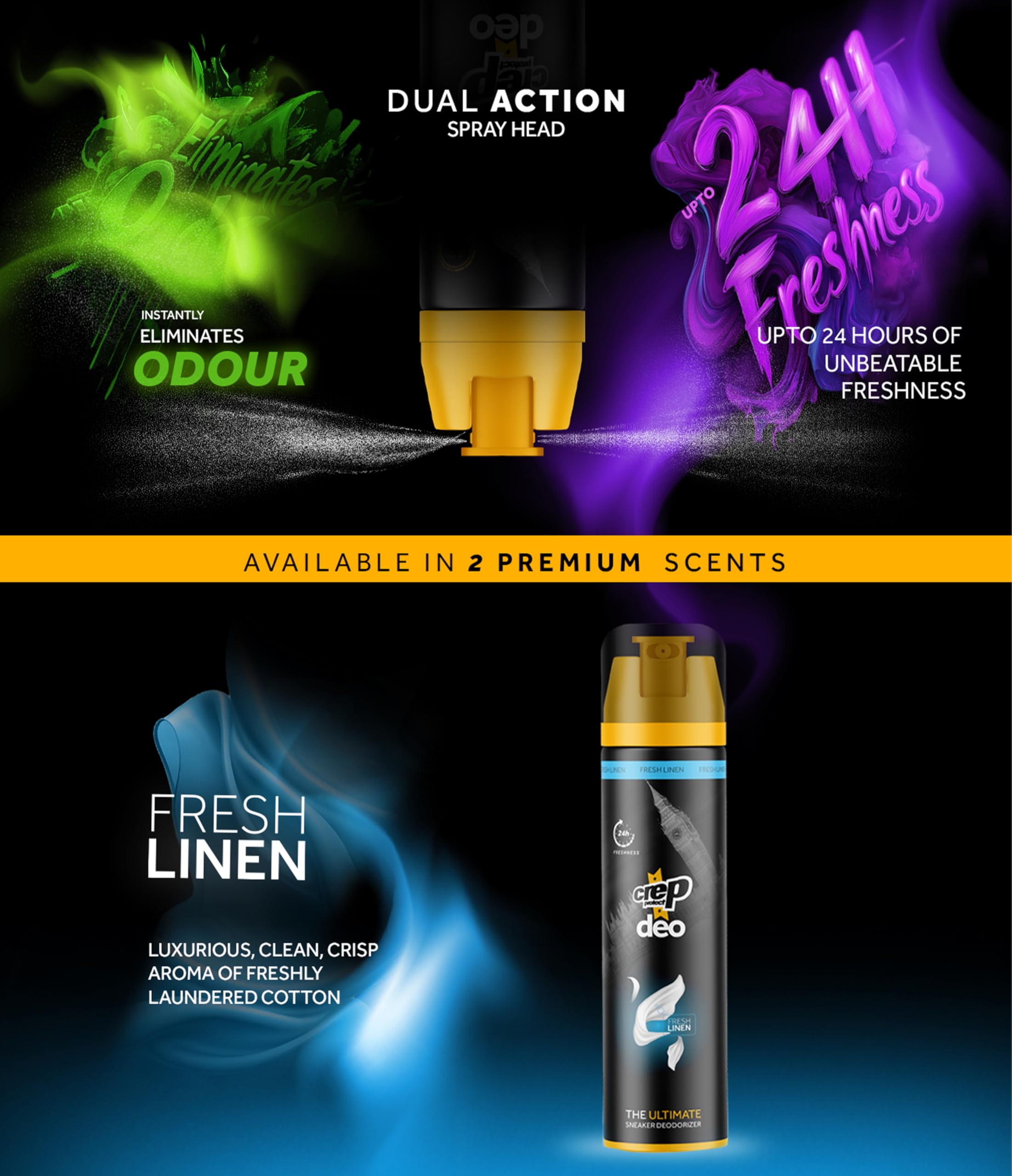 Crep Protect Shoe Deodorizer Spray - Shoe Smell Eliminator Delivers 24-Hour Odor Protection, Residue-Free Formula for All Sneakers, Refreshing Scent (Fresh Linen, 150ml) 1