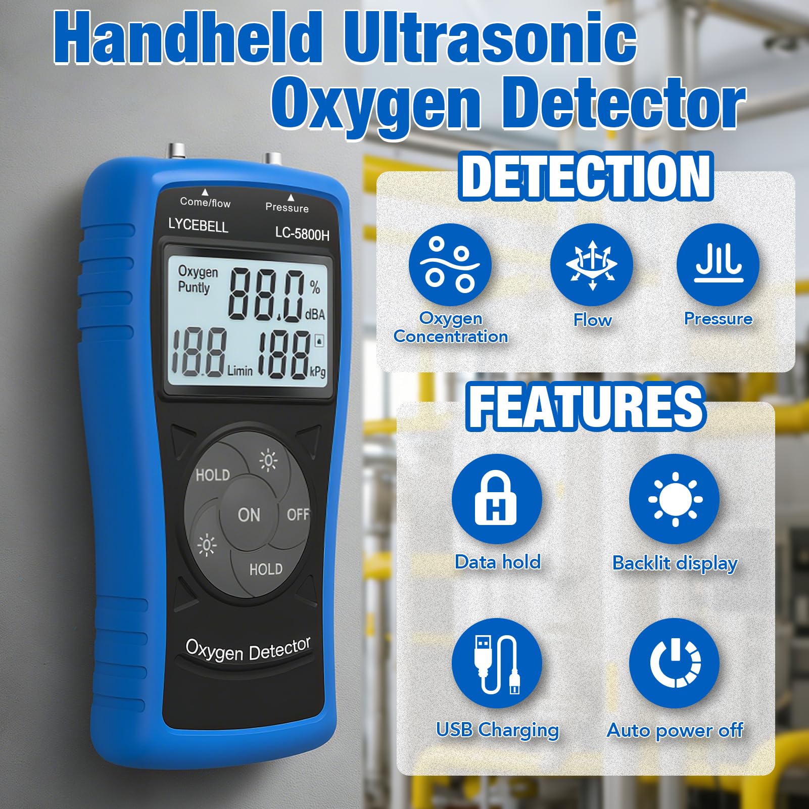 5800H Rilevatore di Ossigeno Portatile ad Ultrasuoni, 3-in-1 Misuratore per Concentrazione, Flusso e Pressione O2 di Generatore Domestico, 0-10 L/min & 0-199kPa, con Allarme Automatico