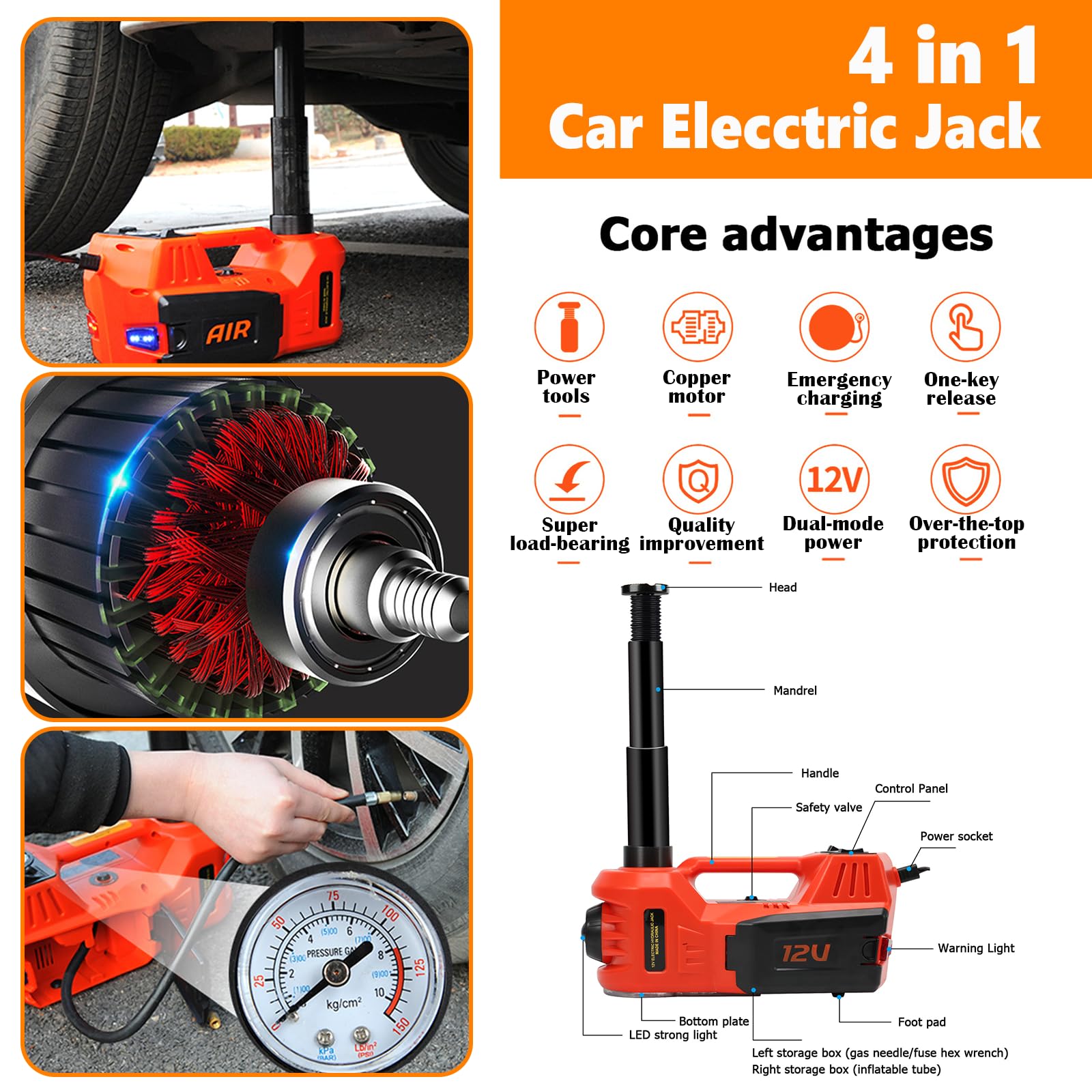 Auto Cric idraulico 5T, Cric elettrico 4 in 1 12V con pompa gonfiabile e luce LED, portata di sollevamento di 15-45 cm, Cric per auto, SUV, officine, riparazioni di emergenza, cambio gomme