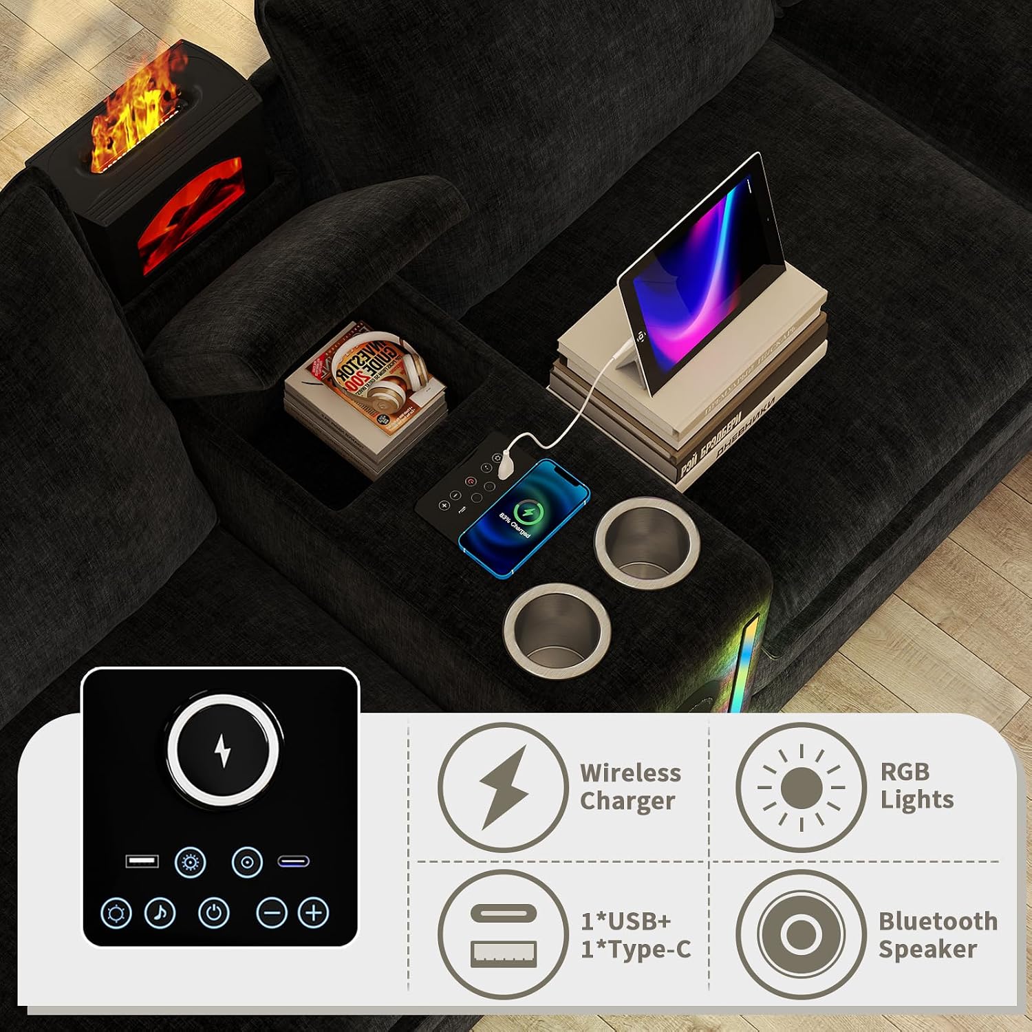 141'' Modular Sectional Sofa, Smart Chenille U Shaped Couch, Black | Smart Module-Bluetooth Speaker/RGB Light/Humidifier/Charging Station, 2 Movable Ottomans, for Living Room 6 81FBmLta5YL. AC SL1500