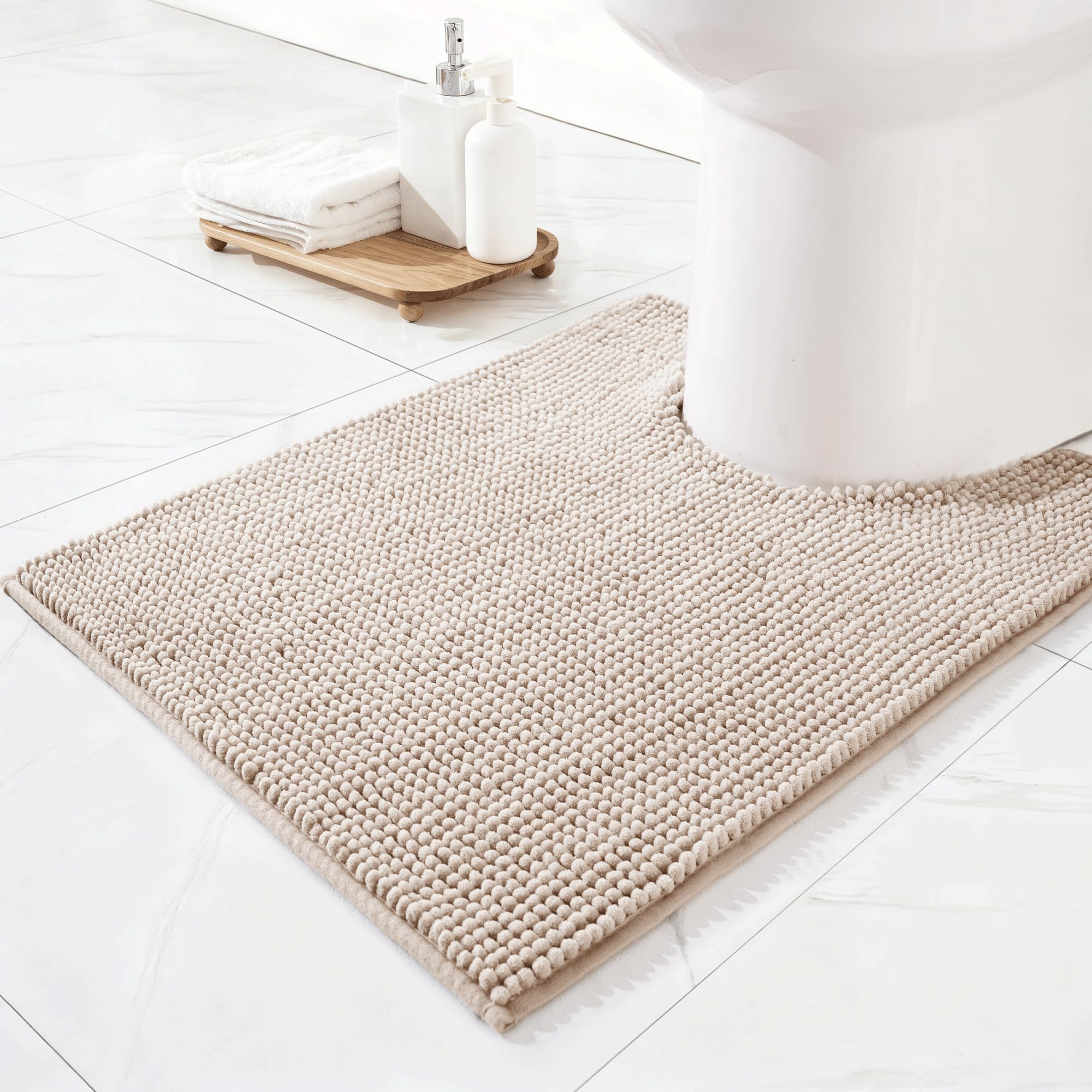 Exclusivo Mezcla Chenille Toilet Mat U-Shaped 50 x 60 cm, Extra Soft Non-Slip Absorbent Toilet Mat, Machine Washable Quick Dry Bath Rugs for Toilet Floor, Camel