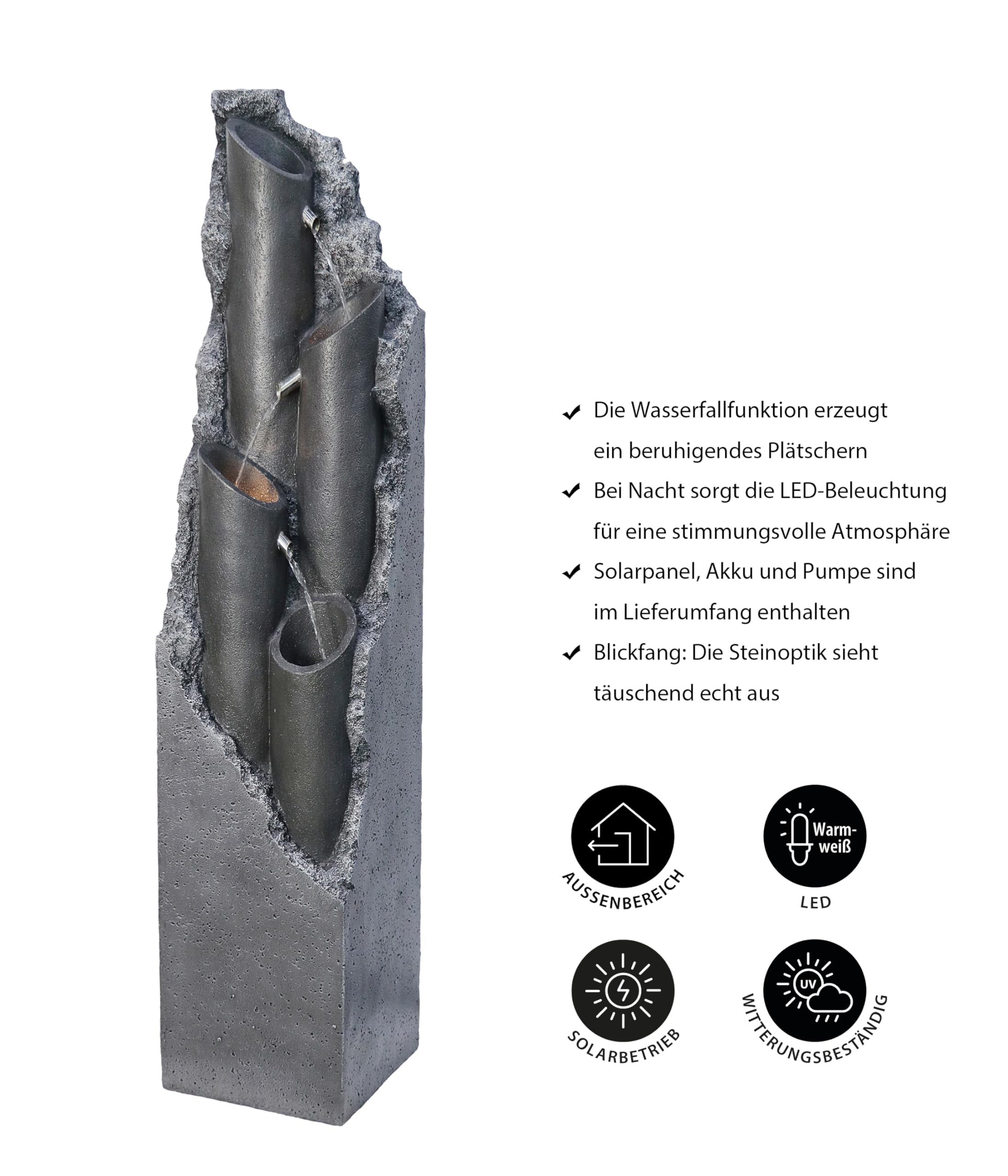 Dehner Gartenbrunnen Tubi, Solarbrunnen frostbeständig, Brunnen für Außen, mit LED Beleuchtung, ca. 113.2 x 27.5 x 27.5 cm, Polyresin, grau