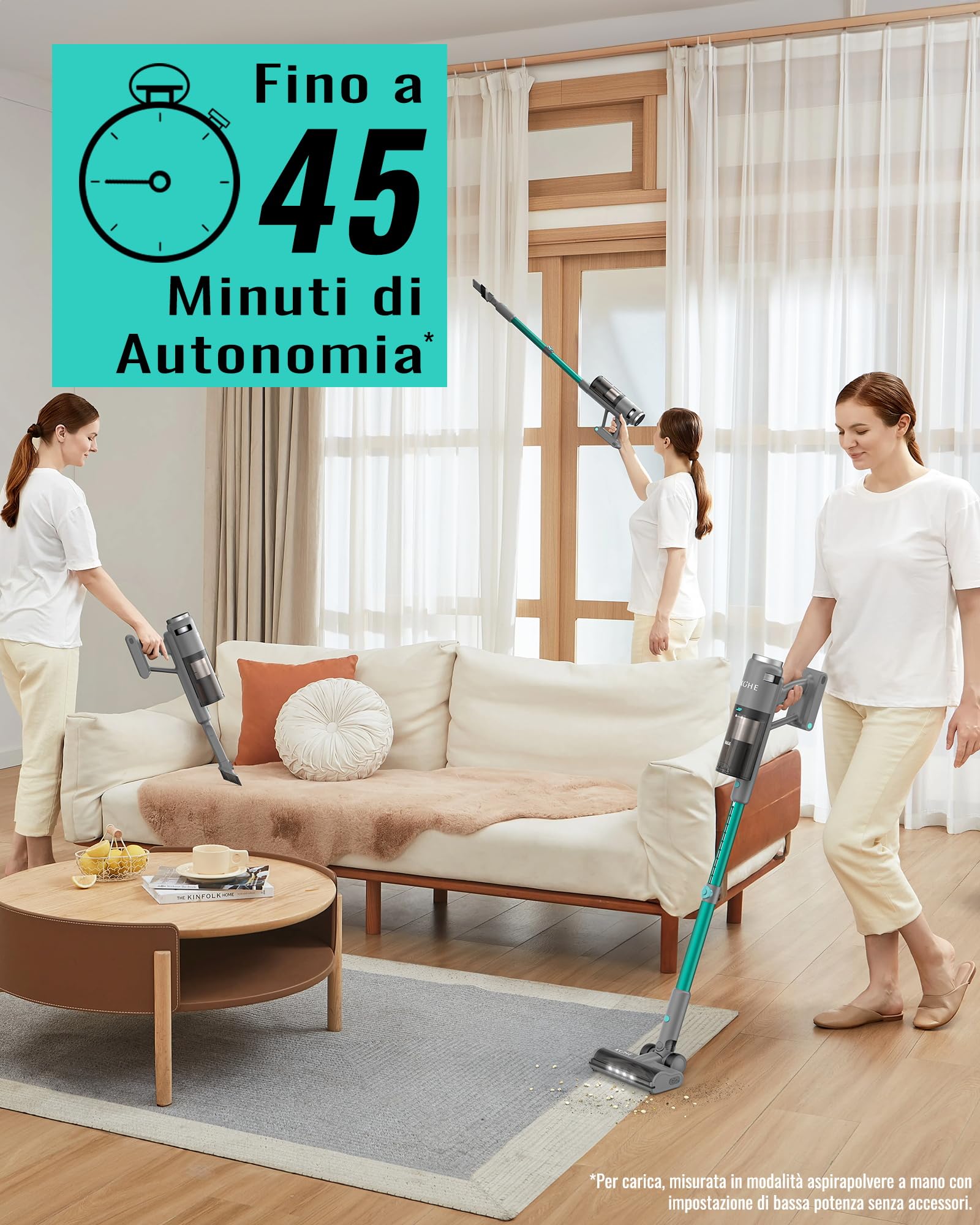 KOHE S10 Aspirapolvere Senza Fili 38KPa/450W Scopa Elettrica Senza Filo Potente Standby 45Mins, Aspirapolvere e Aspira Briciole Anti-Avvolgimento per Pavimenti/Tappeti/Interni Automobilistici