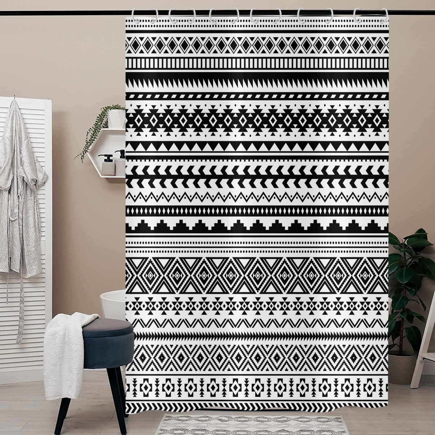 Hnmdmyi Boho Shower Curtain 150x180, Black and White Shower Curtains Farmhouse Geometric Tribal Bohemain Bathroom Curtains with Hooks Waterproof Polyester Fabric Washable Bath Curtains for Wet Room