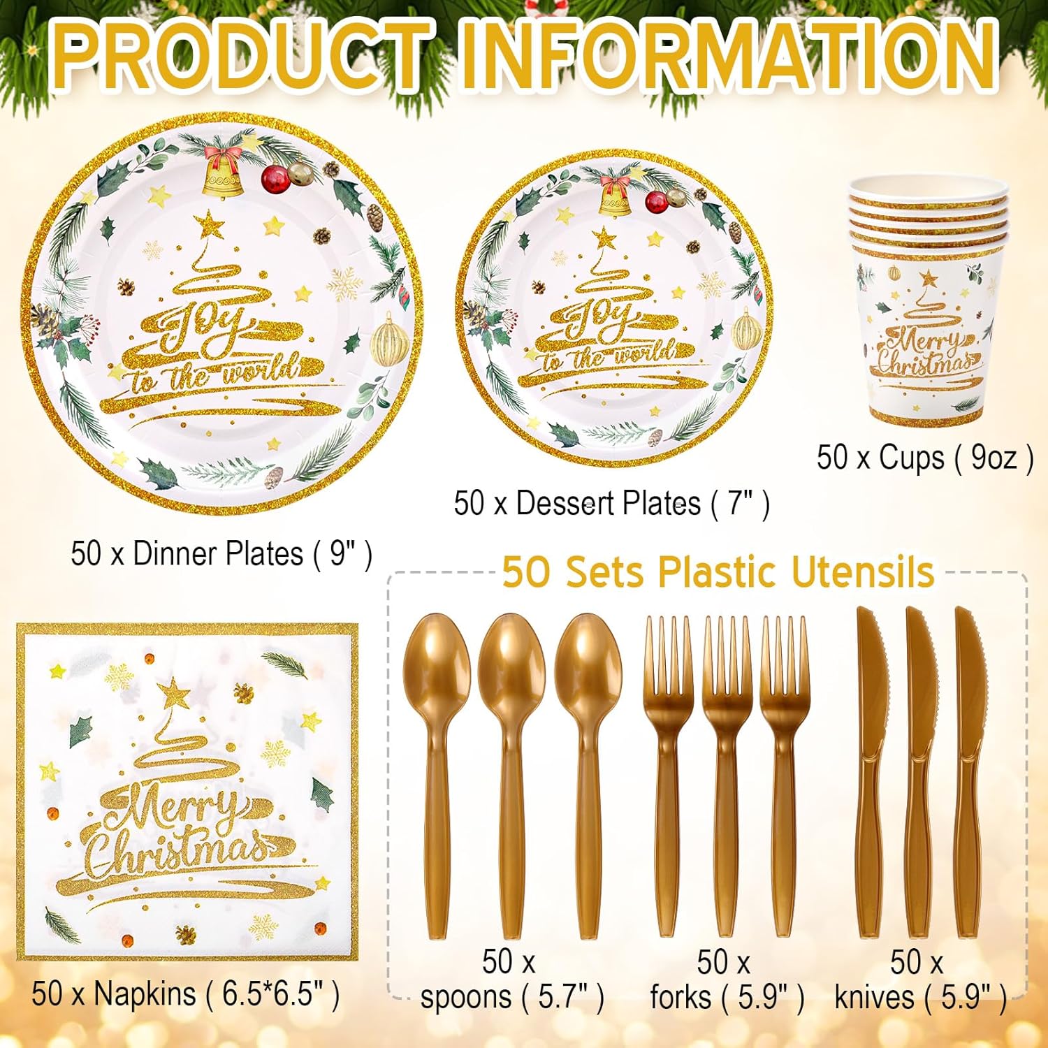 Hsei 350 Pcs Christmas Party Supplies Holiday Christmas Trees Balls Snowman Pine Cones Party Tableware Set Disposable Plates Napkins Paper Cups Plastic Cutlery for Xmas Serves 50(Gold Xmas Tree)