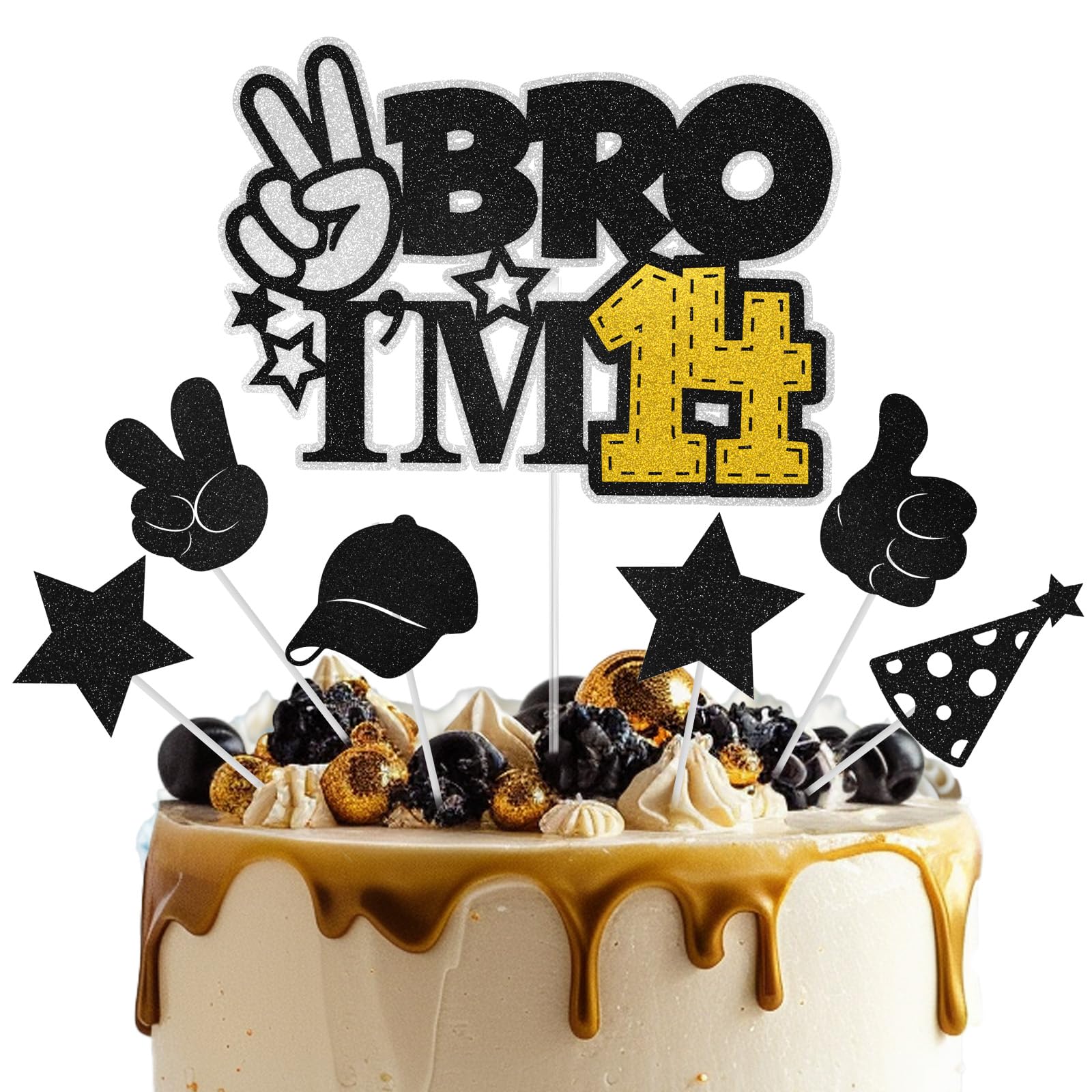 Bro I'm 14 Cake Topper, 14th Birthday Cake Toppers, Black Gold Happy 14th Birthday Decoration for Boys Girls, 14 Years Old Birthday Party Glitter Cake