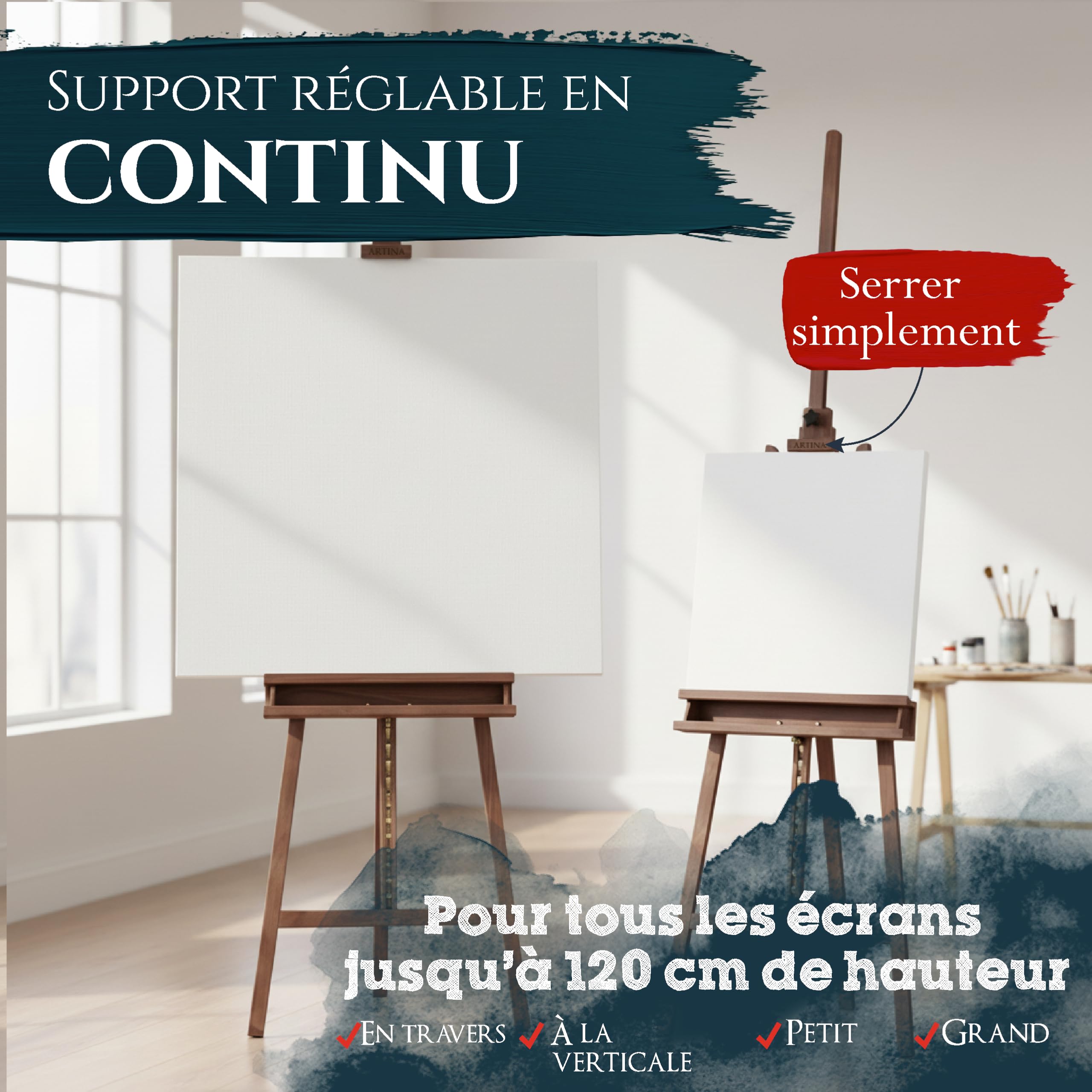Artina Kit Peinture Acrylique 30 pcs avec Chevalet Bois Noyer Réglable