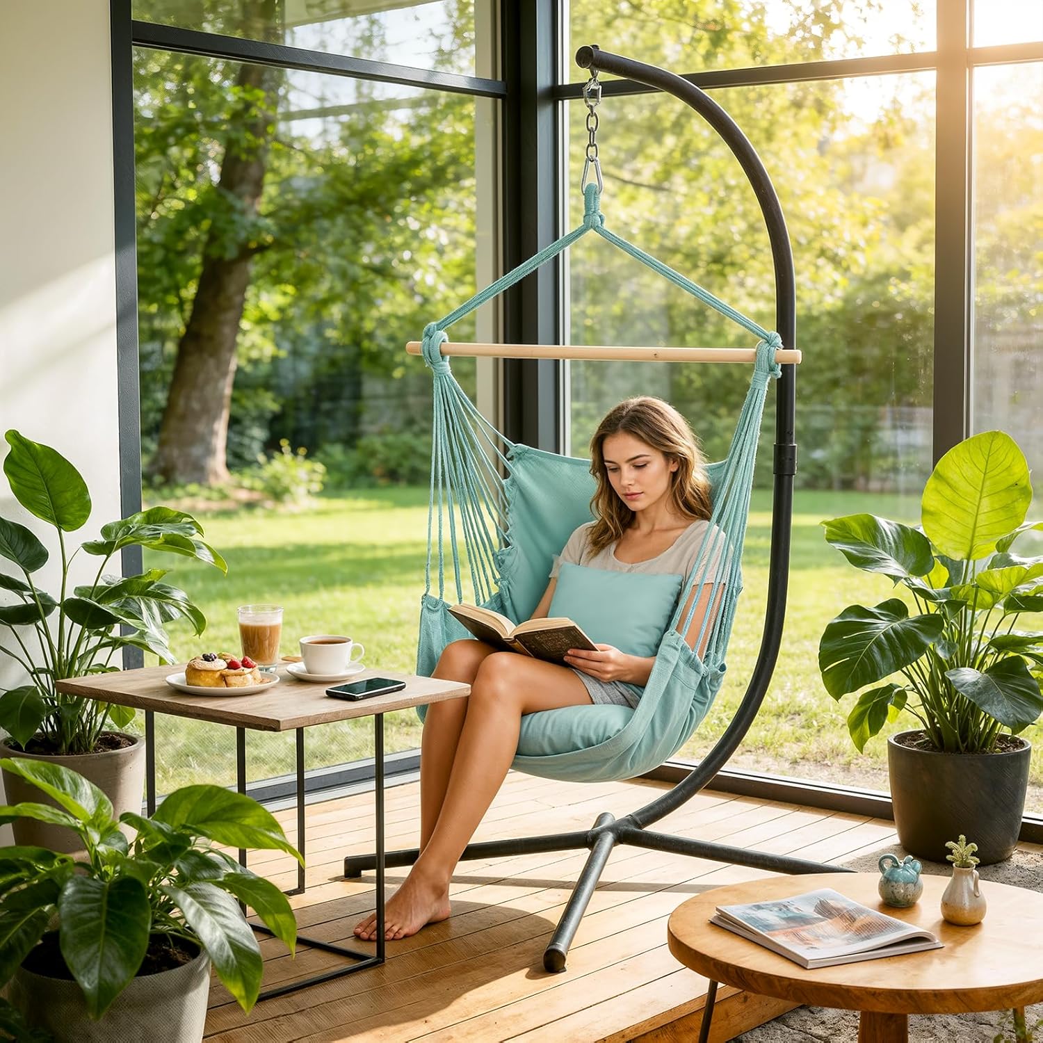 Athena Collection Hammock Chair Hanging Rope Swing Chair with 2 Cushions, Max 350 Lbs, Hanging Macrame Chair with Anti-Slip Grooves Spreader Bar and Pocket for Outdoor Indoor Patio Yard, Green - Image 6