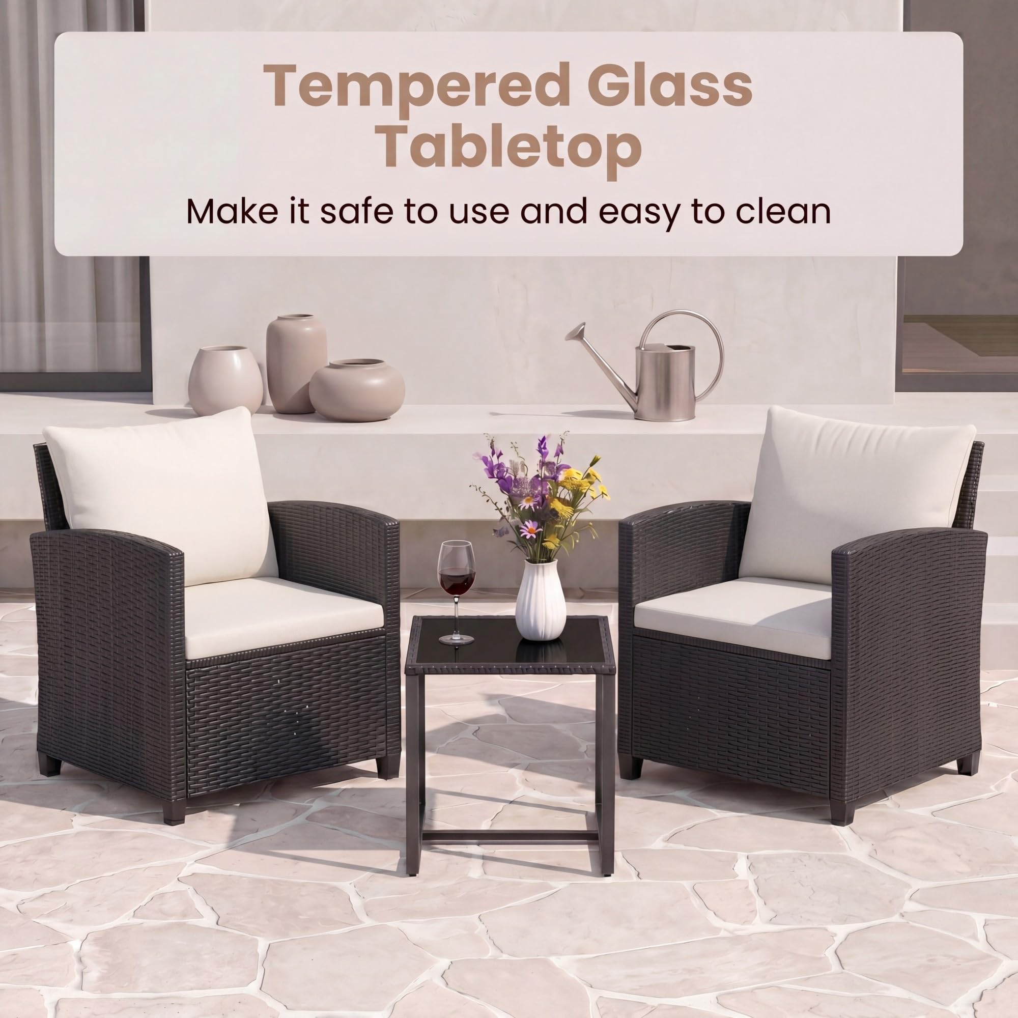 LIFEZEAL - Juego de salón de jardín para 2 personas, muebles de exterior de ratán PE con 2 sillones, cojines y mesa auxiliar de cristal templado, 3 piezas para balcón, terraza (negro+beige)