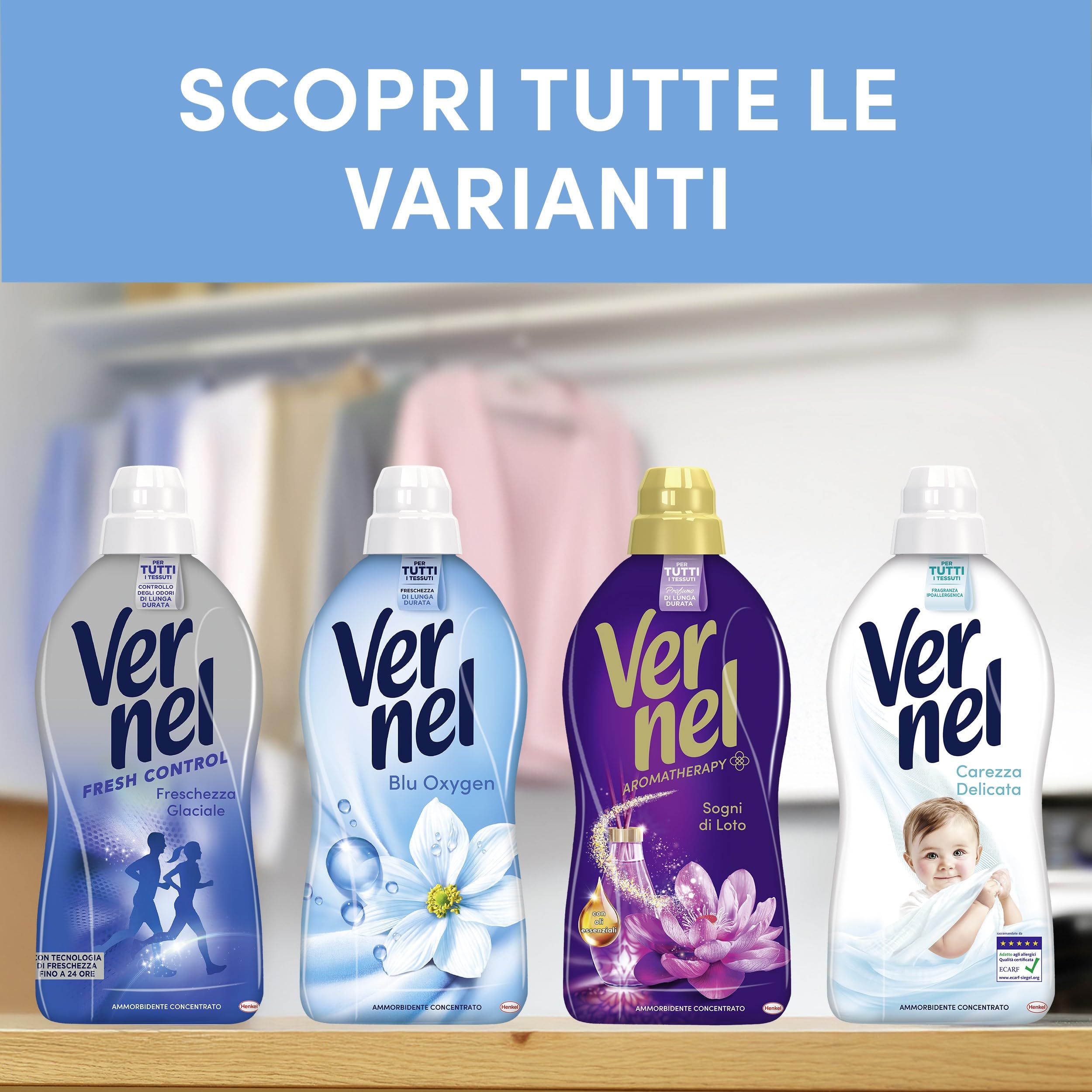 Ammorbidente Concentrato Vernel Blu Oxygen (10 x 48 lavaggi), Ammorbidente Concentrato per Tutti i Tessuti, Morbidezza Irresistibile e Freschezza di Lunga Durata