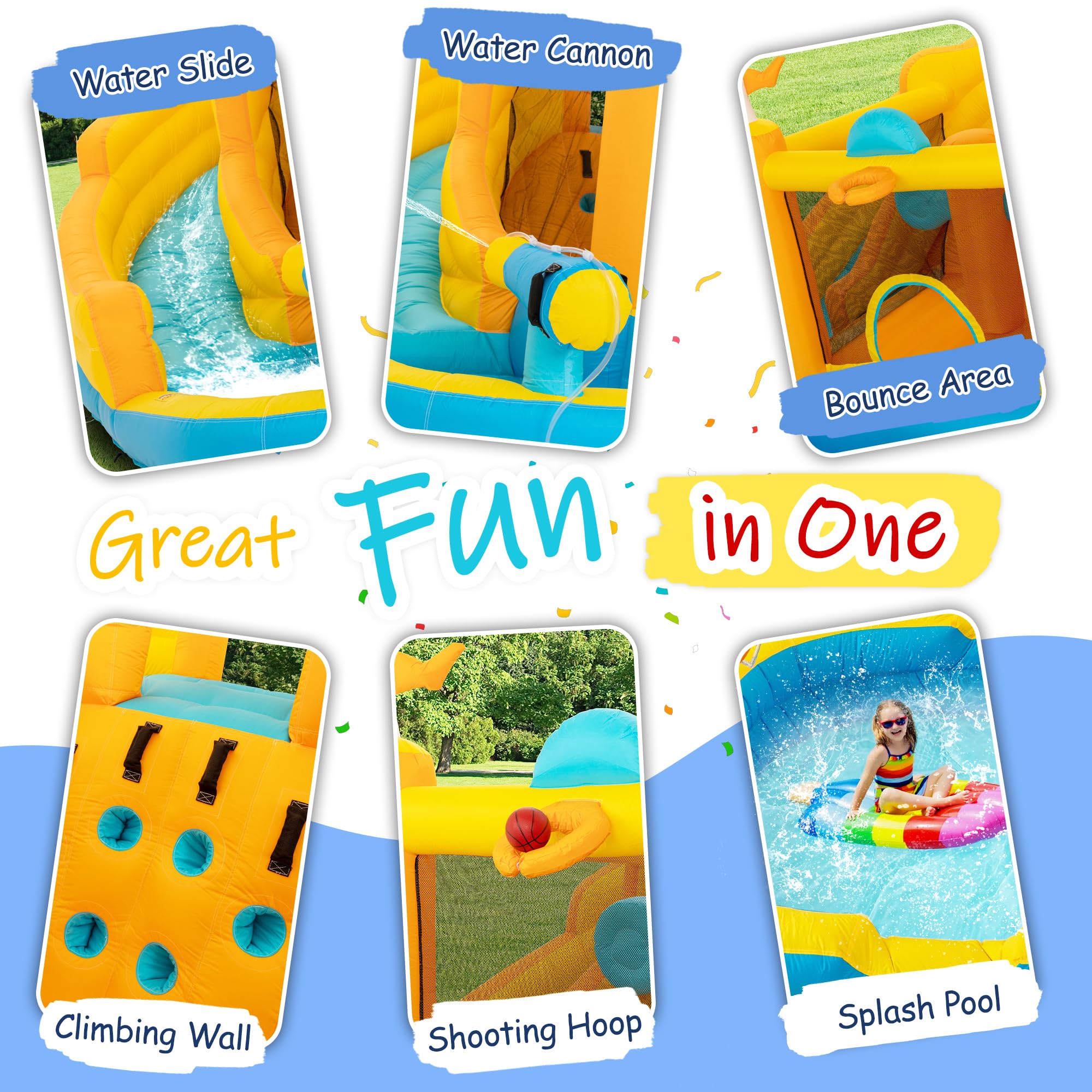 BOWTHY Ultra Inflatable Bounce House Water Slide,15x13FT Mega Water Park with Dual Slides,750W Blower,Climbing Wall,Splash Pool,Basket-Rim,Water Cannon,Great Party Gift for Kids Backyard