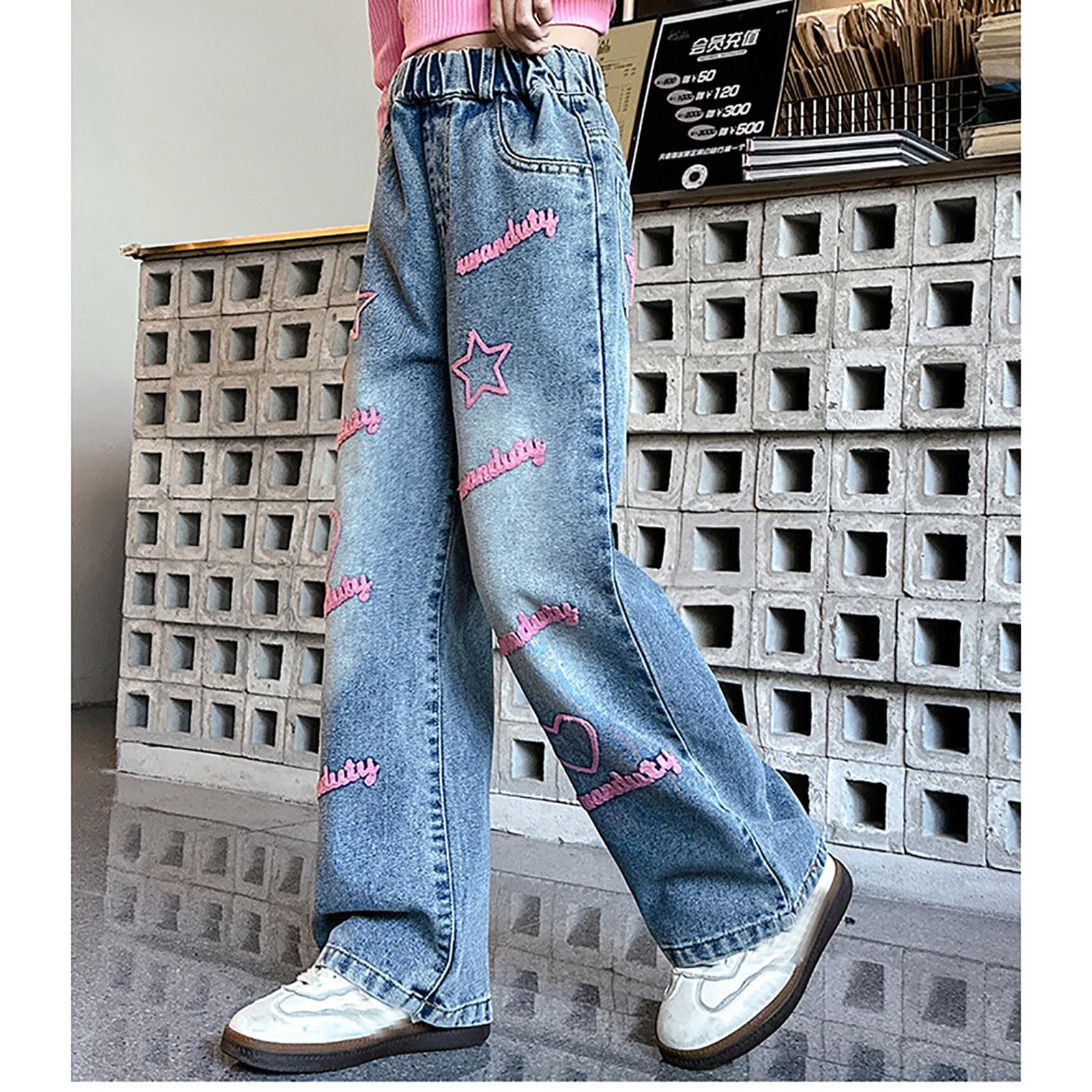 Pantalon de jogging baggy pour femme et fille - Pantalon en jean - Jambes larges - Pantalon en denim - Taille haute - Élastique - Décontracté - Avec poches - Pour enfants de 6 à 14 ans