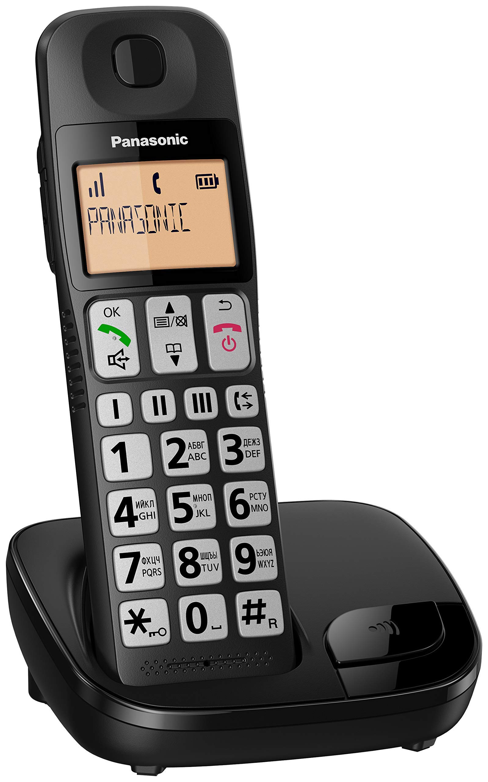 Panasonic KX-TGE110JTB Telefono Cordless Digitale (DECT) Singolo ad Utilizzo Facilitato, Tasti Grandi, 3 Tasti di composizione rapida, Compatibilità con Apparecchi Acustici, Nero