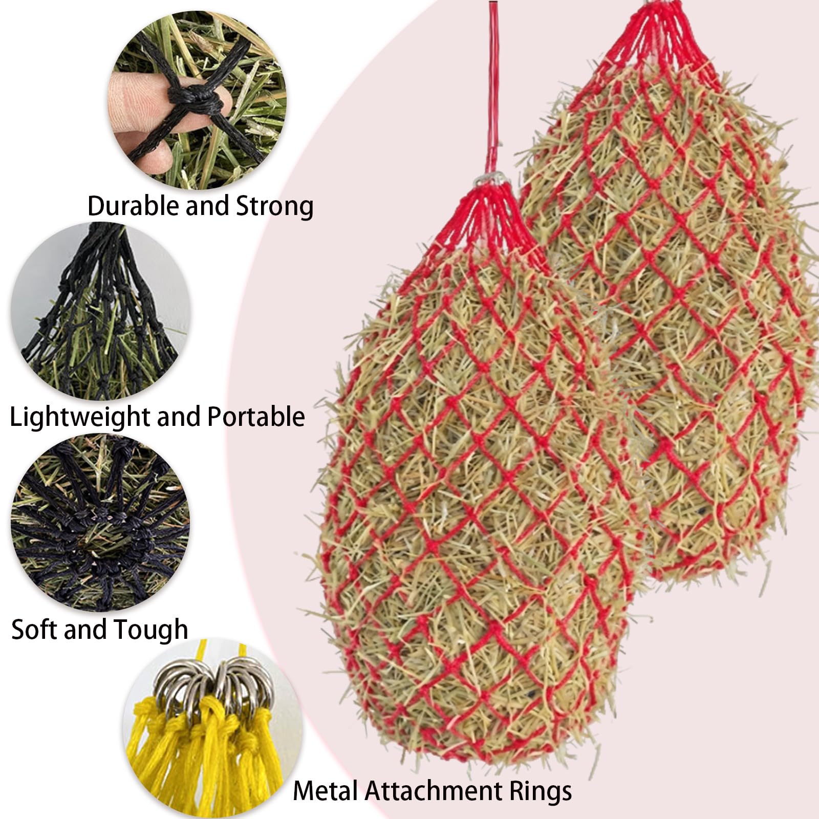 2 reti da fieno per cavalli, grandi 10 kg, rete da fieno a maglia stretta, 10 x 10 cm, borsa da pranzo, cavallo, balle rotonde per cavalli, per un'alimentazione adeguata, per cavalli, per una migliore