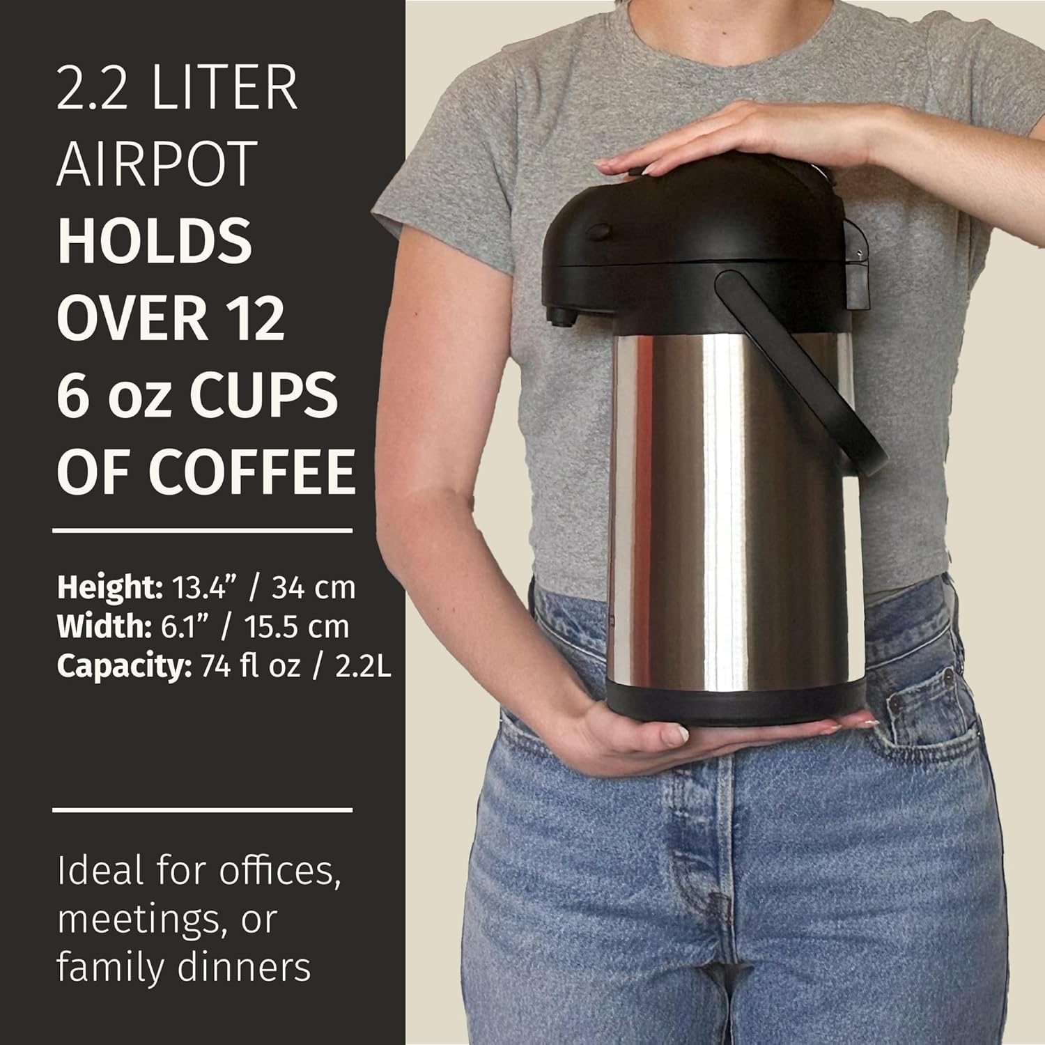 Thermal Coffee Carafe 74Oz, Keeps Drinks Hot for 12Hrs & Cold for 36Hrs, Insulated Stainless Steel Coffee Carafe for Hot Drinks, Easy One-Handed Dispensing for Office, Home, Party, Durable Tea Flask - Image 4