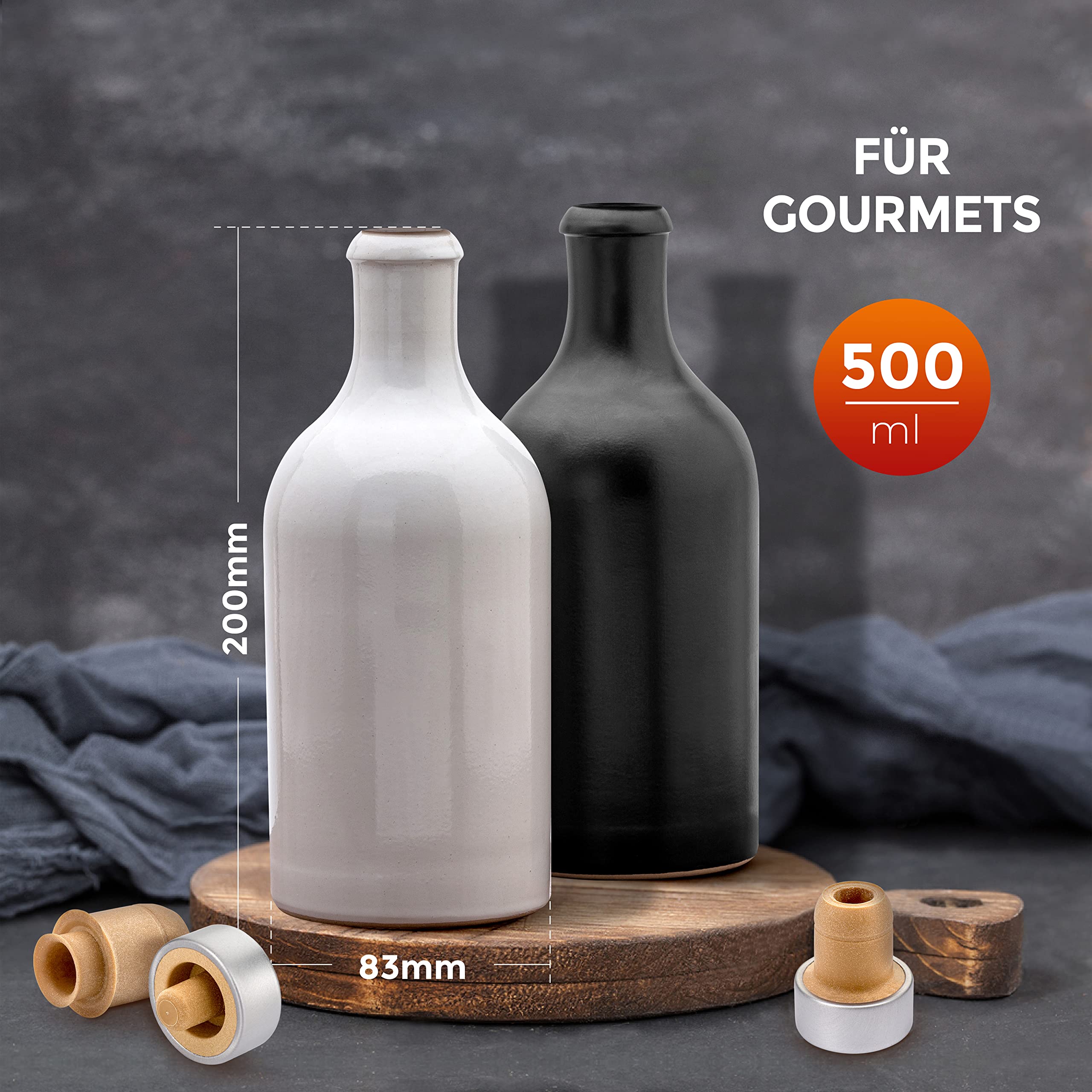 Gourmet Essig & Öl – Flaschen mit Ausgießer, Made in Germany Handgefertigt. Exklusive Steinzeugflaschen, einzigartig, zeitlos und chic. Ausgießer in Deluxe- Silber (2x 500ml, schwarz/ weiß)