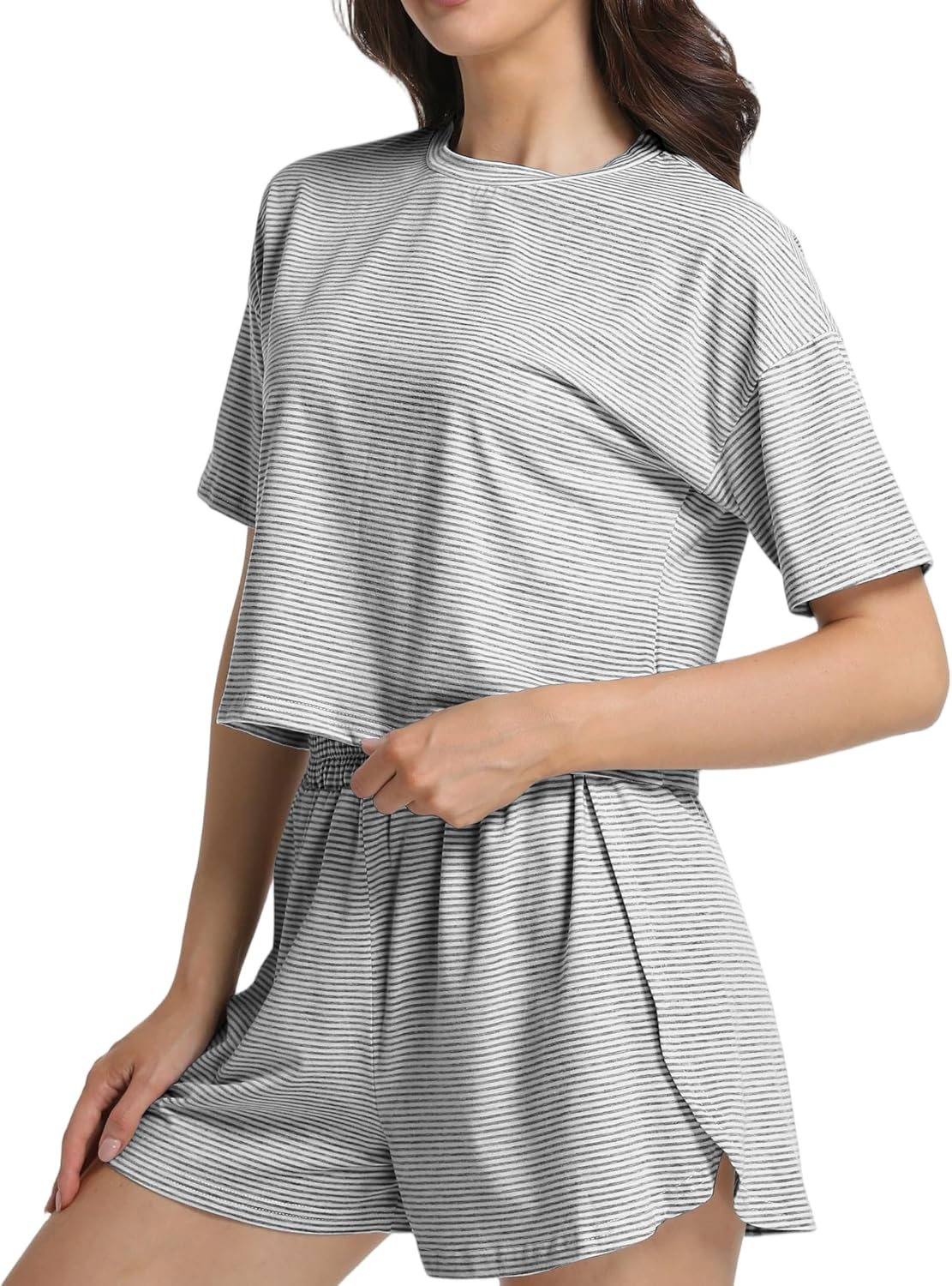Split Short Pajama Set Soft Women's Striped Pajama Sleeve Tee & Elastic Waist Shorts Lounge Sleepwear - Image 2