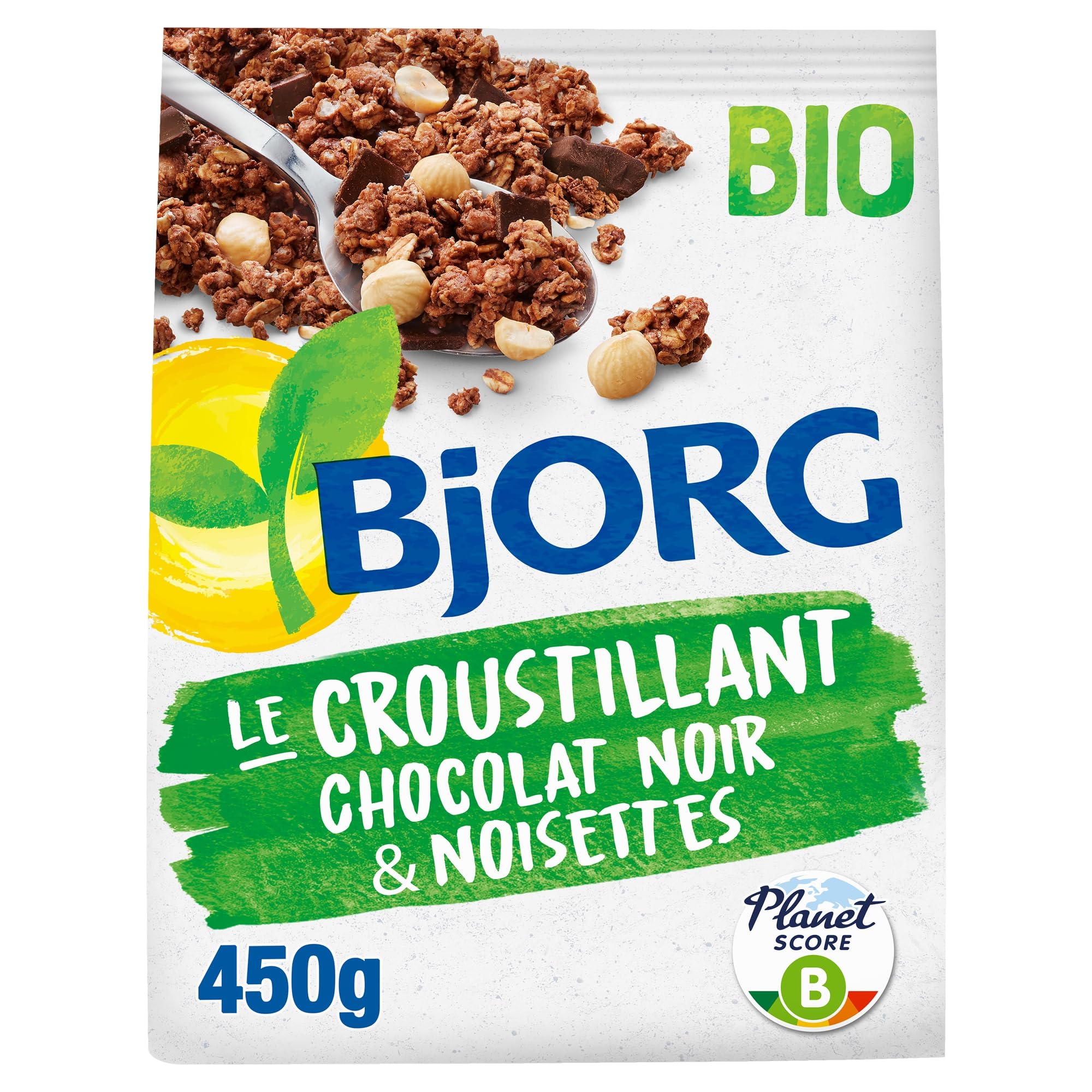 BJORG - Céréales Bio - Croustillant Chocolat Noir Noisettes - Bio - 450 g | Idéal Petit Déjeuner - Riche en Fibres - Céréales Complètes