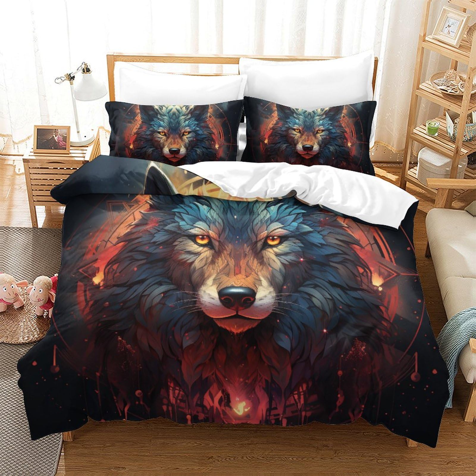 Housse de couette loup 3D grand lit pour chambre ado moderne