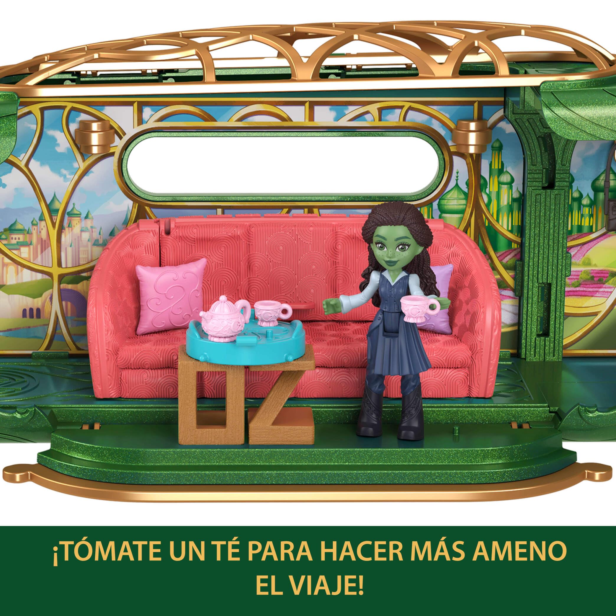 Mattel Universal Pictures Wicked Tren a Ciudad Esmeralda, Conjunto de Juego con muñeca pequeña de Elphaba, 3 Espacios de Juego y 14 Accesorios inspirados en la película, JKM07 | Elphaba muñeca pequeña, 3 zonas de juego y 14 accesorios, inspirada en la pel