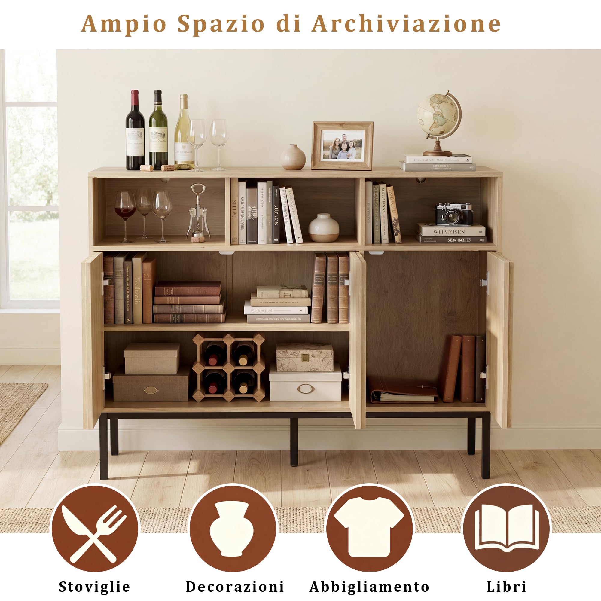 UEV Credenza Cucina con Luce LED a 3 Ante Design Strisce di Legno, Naturale | Armadietto con 3 Scomparti Aperti, Mobile Moderno con Ampio Piano di Lavoro, 105x40x80cm