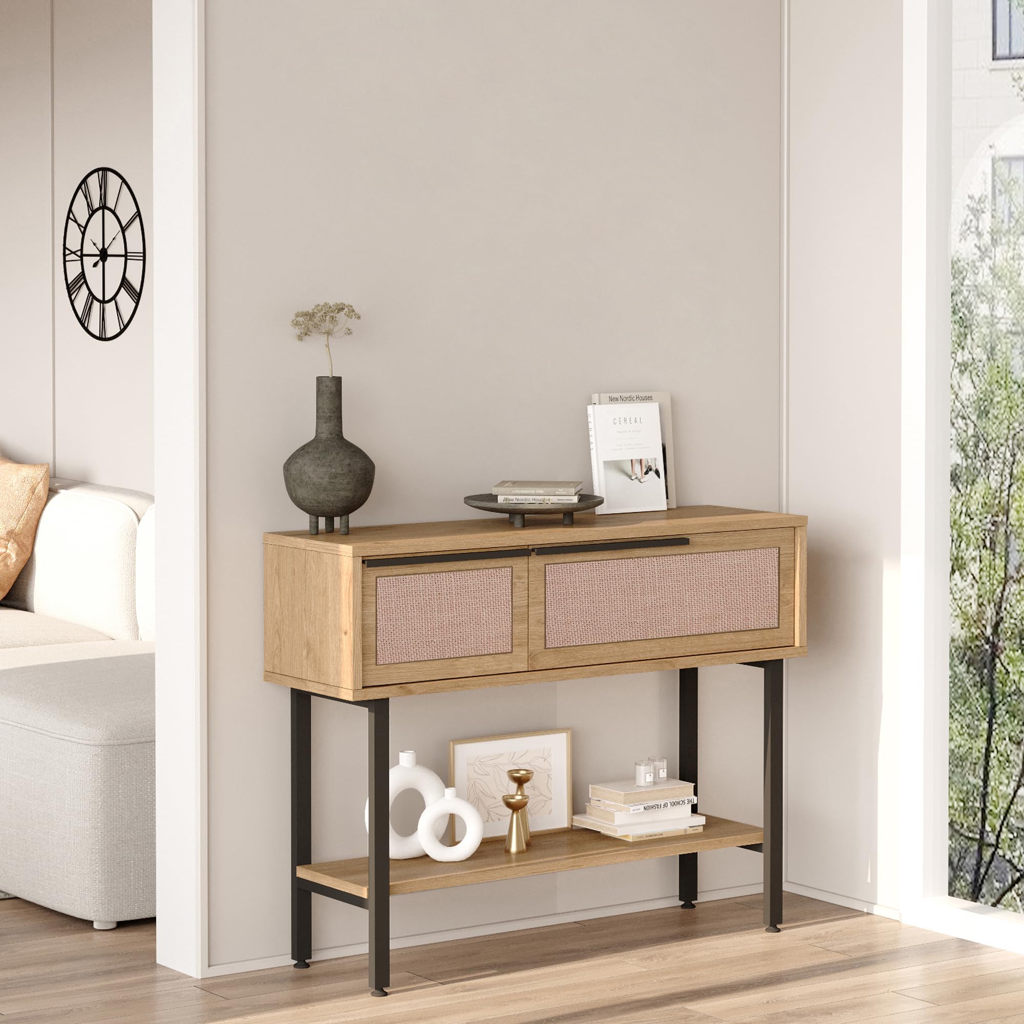 [en.casa] Mueble Recibidor Kvænangen con 2 Puertas Abatibles Consola Mesa de Entrada con 2 Compartimentos Cerrados y 1 Estante Aglomerado Metal 100x30x76 cm - Efecto Roble y Ratán