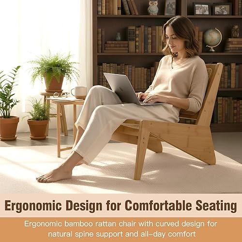 Miniatura 5 de Welnow Silla decorativa de ratán de mediados de siglo, silla de salón de madera de bambú con respaldo de caña tejida, sillón bajo para sala de