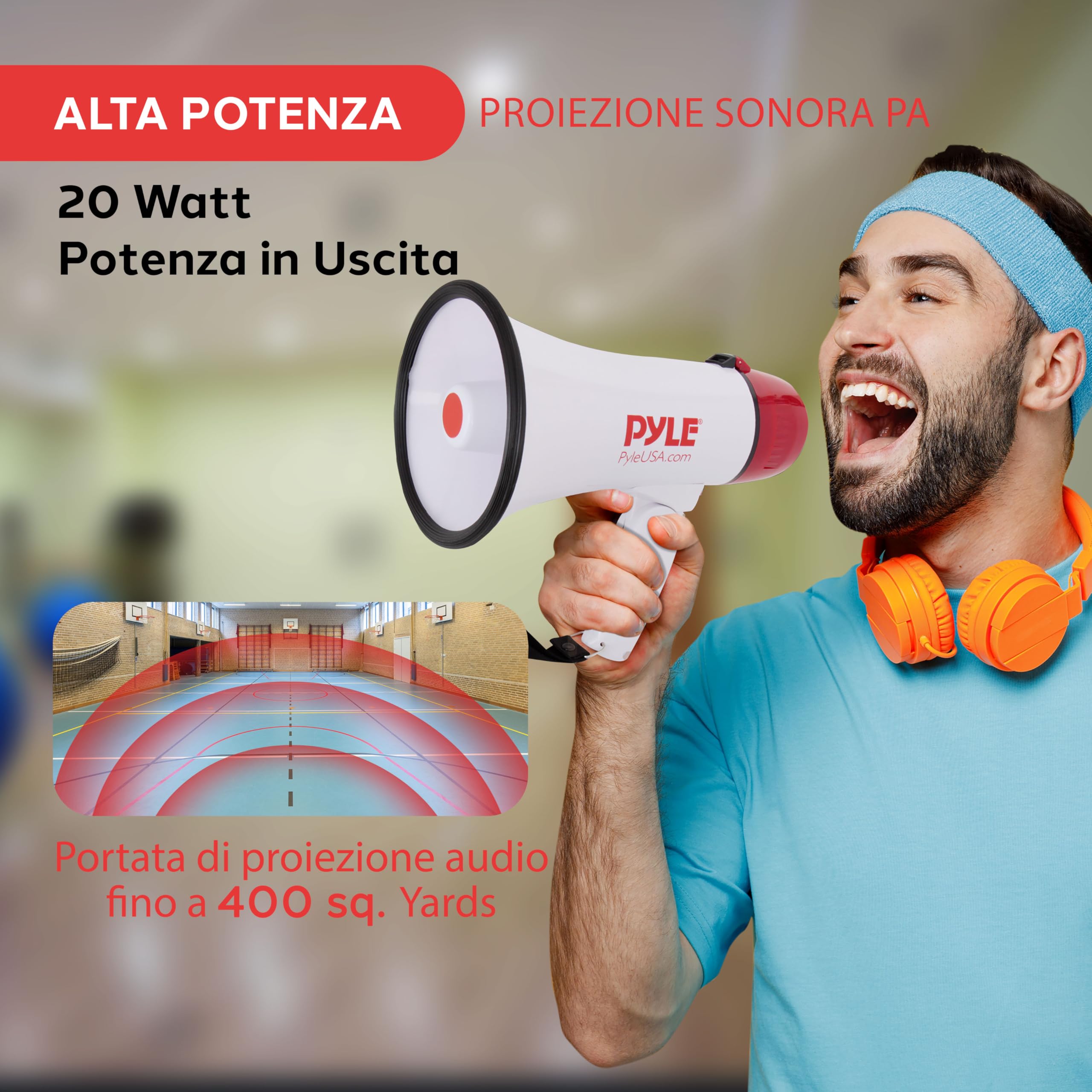 Pyle Megafono PA Bullhorn, Megafono Portatile 20 Watt e Controllo Volume Regolabile con Sirena Integrata & Portata di 730 Metri per Sport e Sicurezza