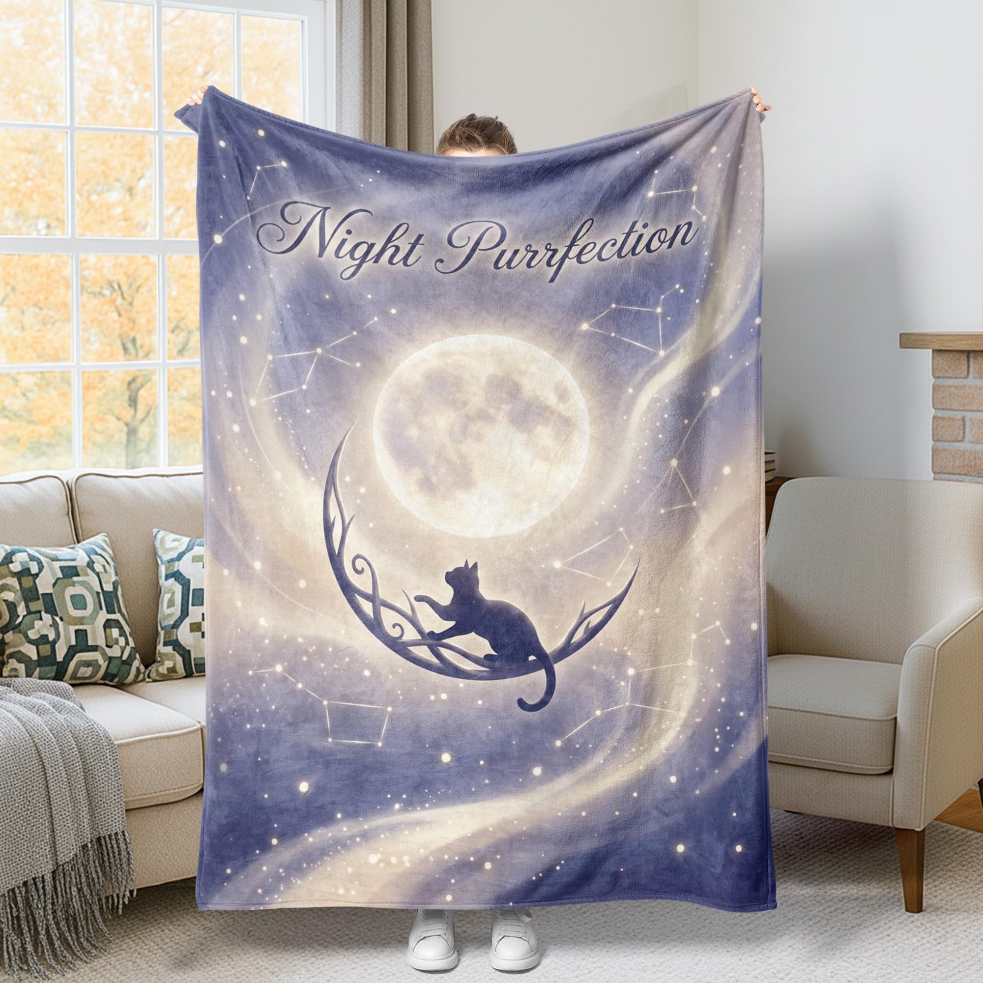 Couverture lit et canapé chat lune étoiles plaid violet pour soirées cocooning