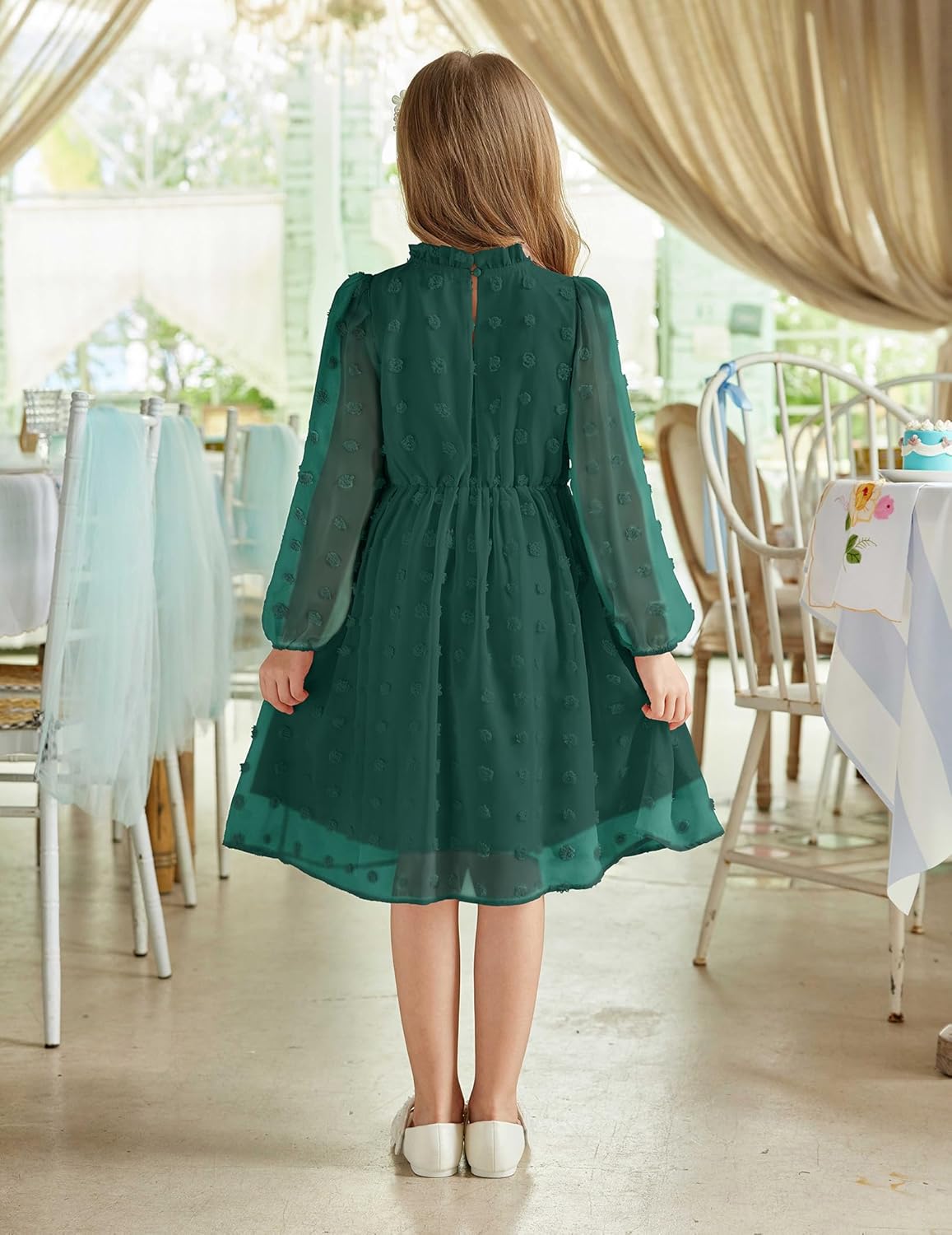 Arshiner Girls Dress Long Sleeve Swiss Dot Ruffle Collar Flowy A-Line Party Dress for Kids 5-13Y - Image 3