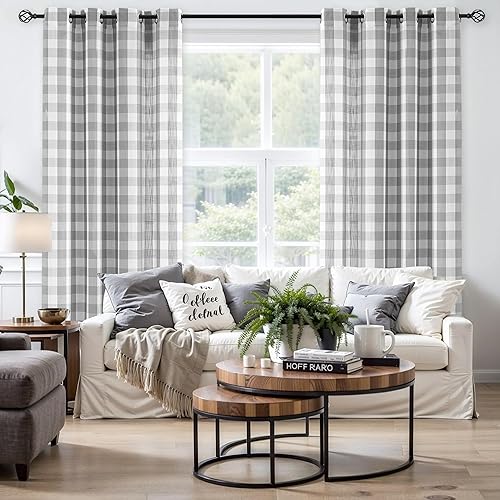 Vista 9 de Jubilantex Paneles de cortina semitransparentes a cuadros rojos y blancos, cortinas texturizadas a cuadros, cortinas de ventana de granja con ojales