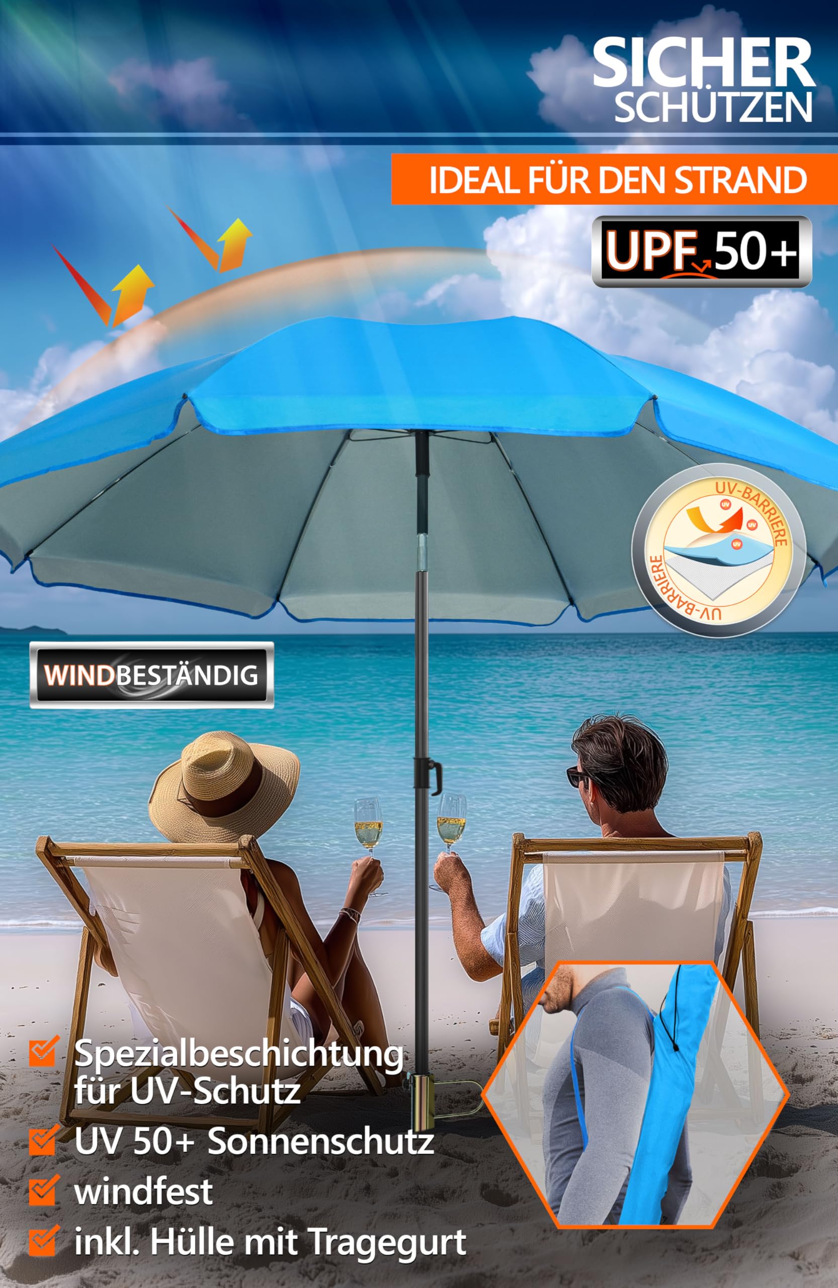 4smile Sonnenschirm Strand Ø 180 cm, 3er Set – Strandschirm windfest stabil + Schirmhülle + Rasendorn Sonnenschirmhalter, UPF 50+ Sonnenschirm mit Rasendorn für Garten, Schirmspieß, Fb. Blau